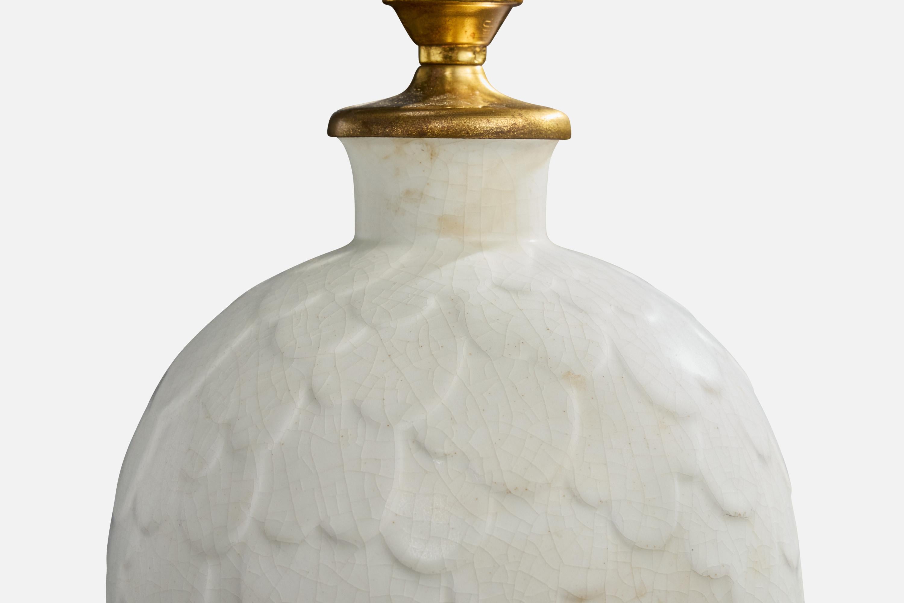 Gertrud Lönegren, Table Lamp, Stoneware, Brass, Fabric, Sweden, 1940s For Sale 1