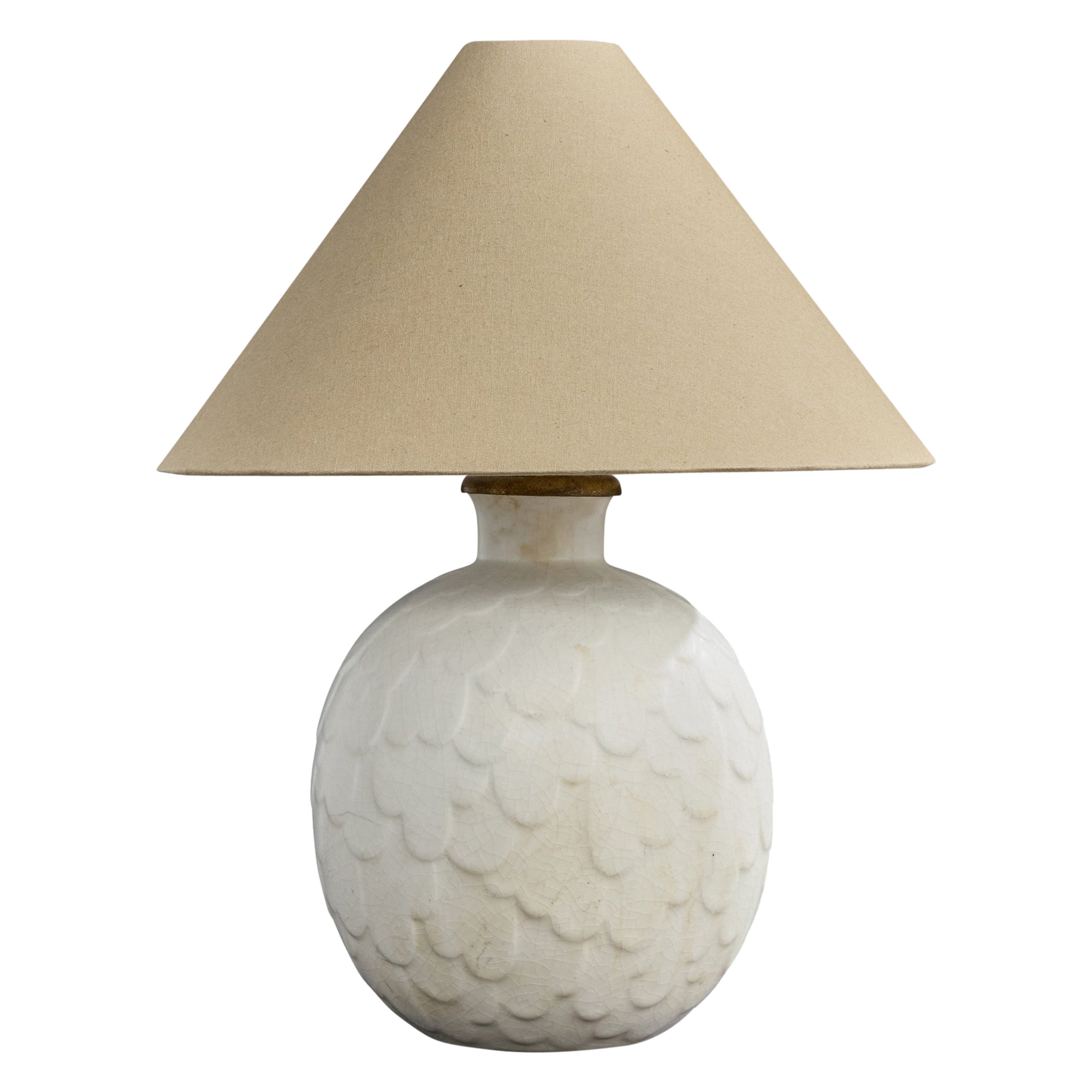 Gertrud Lönegren, Table Lamp, Stoneware, Brass, Fabric, Sweden, 1940s For Sale