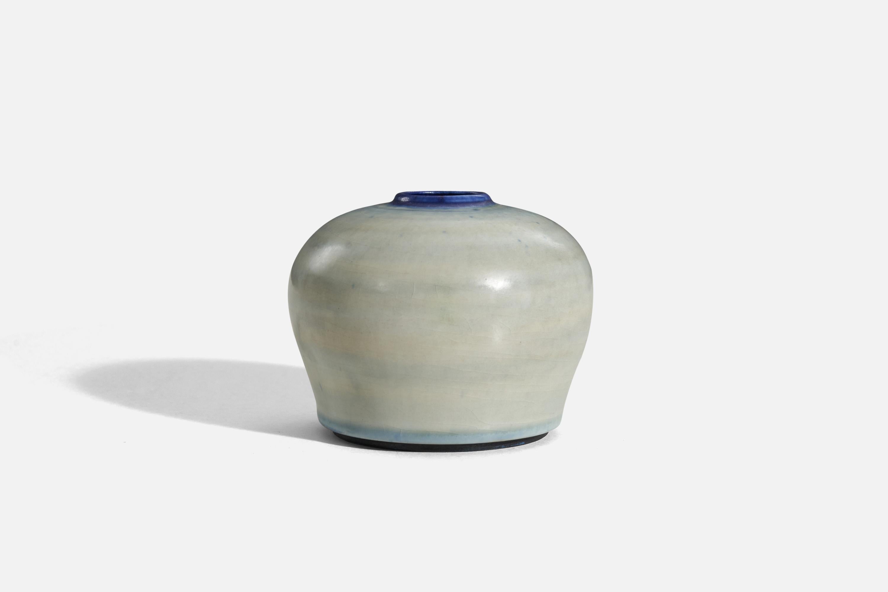 Swedish Gertrud Lönegren, Vase, Blue, Beige, Glazed Stoneware, Rörstrand, Sweden, 1940s