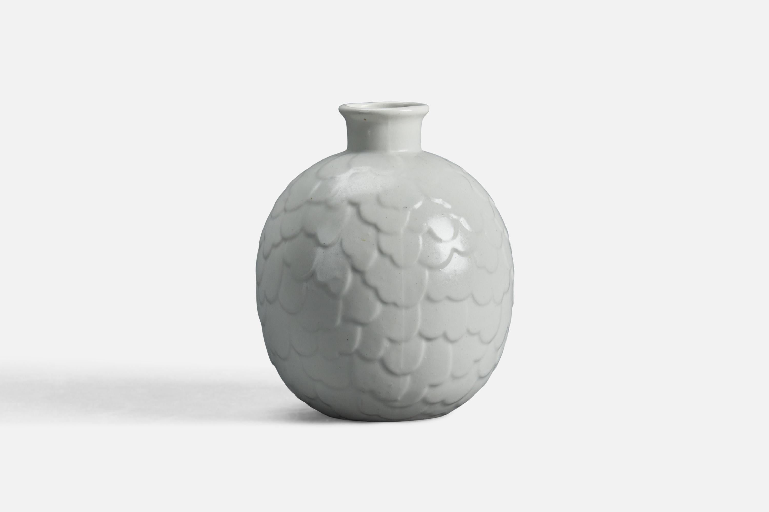 A white-glazed stoneware vase designed by Getrud Lönegren and produced by Rörstrand, Sweden, 1950s.