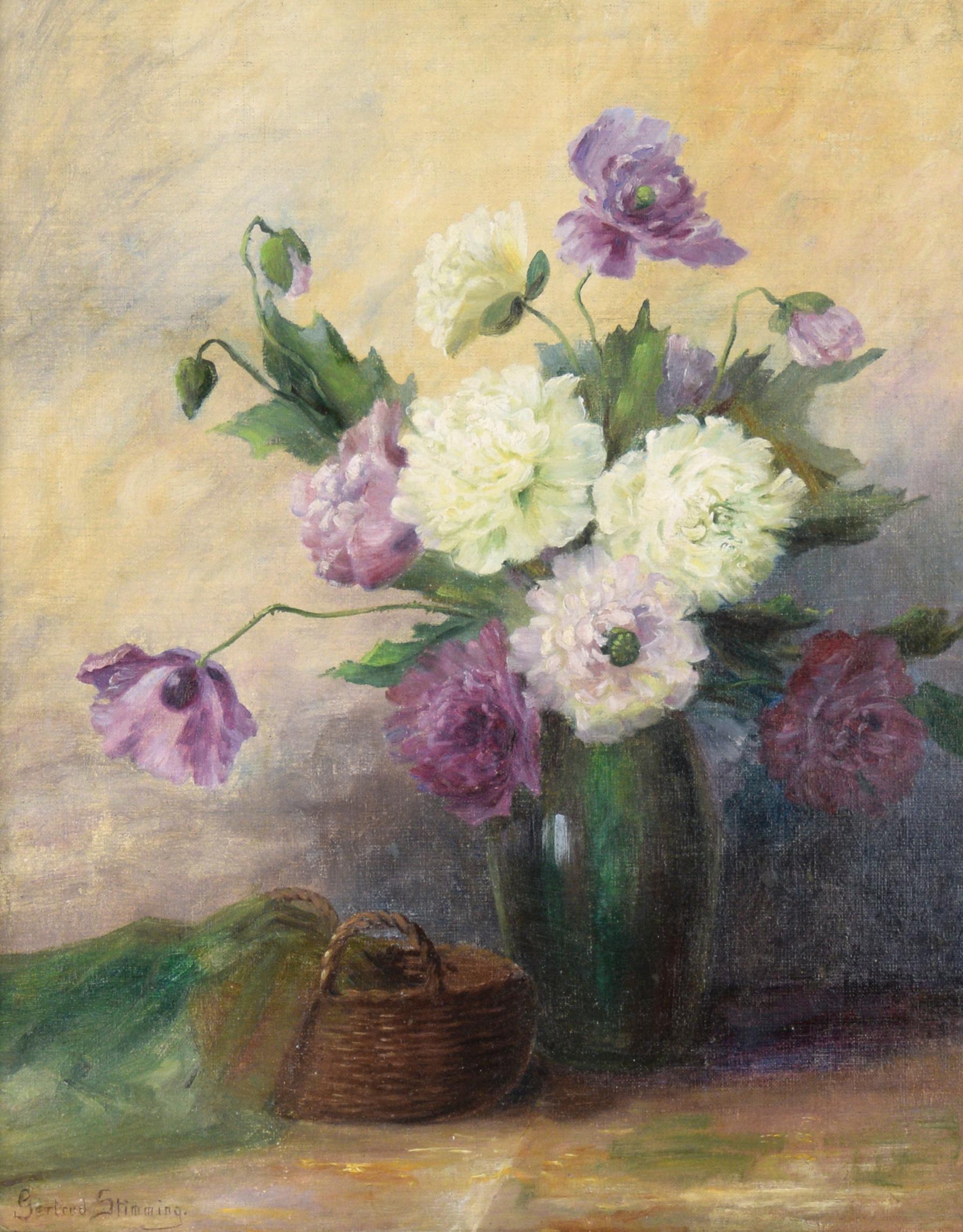 White and Purple Dahlias Floral Still Life in Oil on Linen on Illustration Board - Painting by Gertrud Stimming