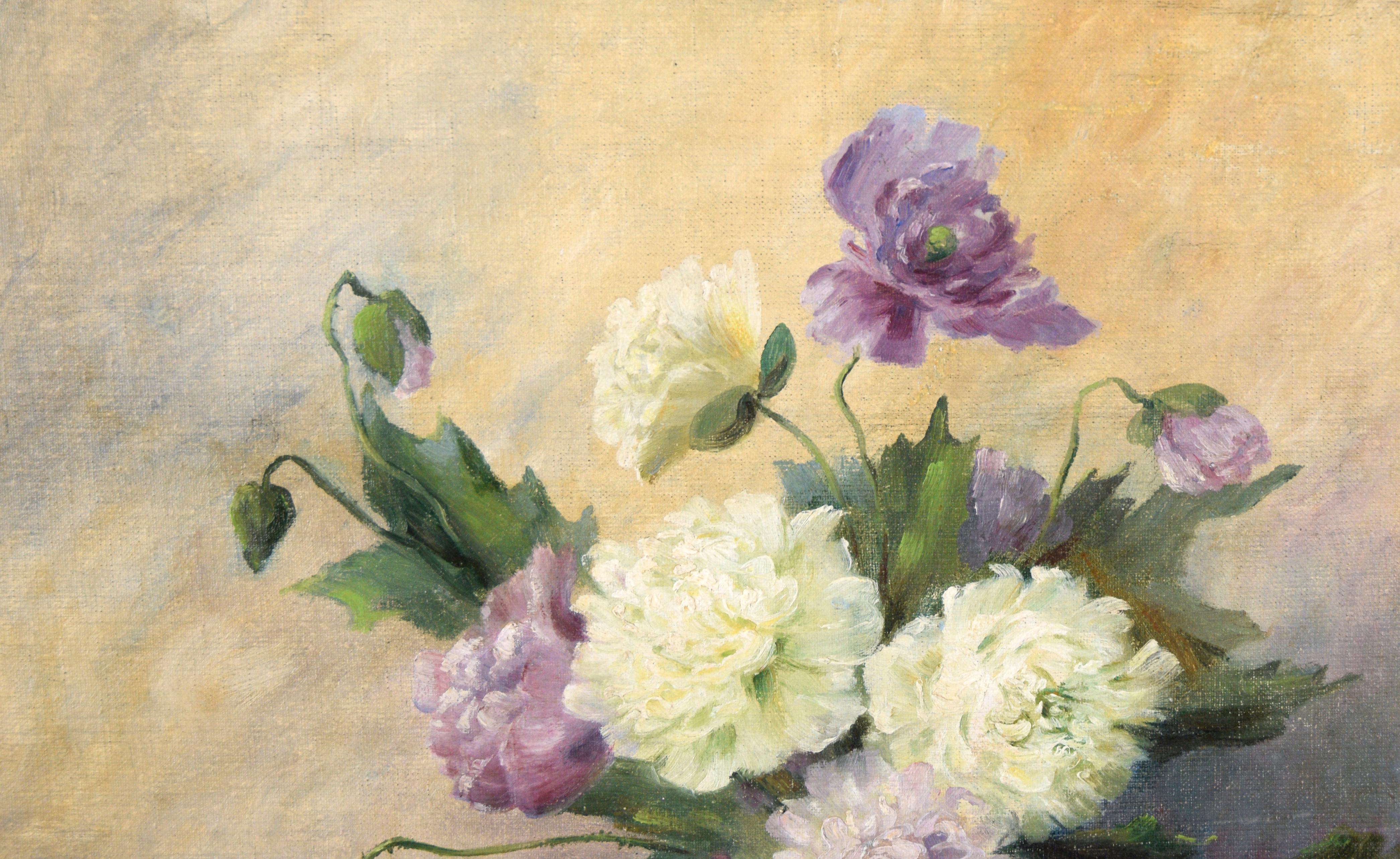 White and Purple Dahlias Floral Still Life in Oil on Linen on Illustration Board - Impressionist Painting by Gertrud Stimming