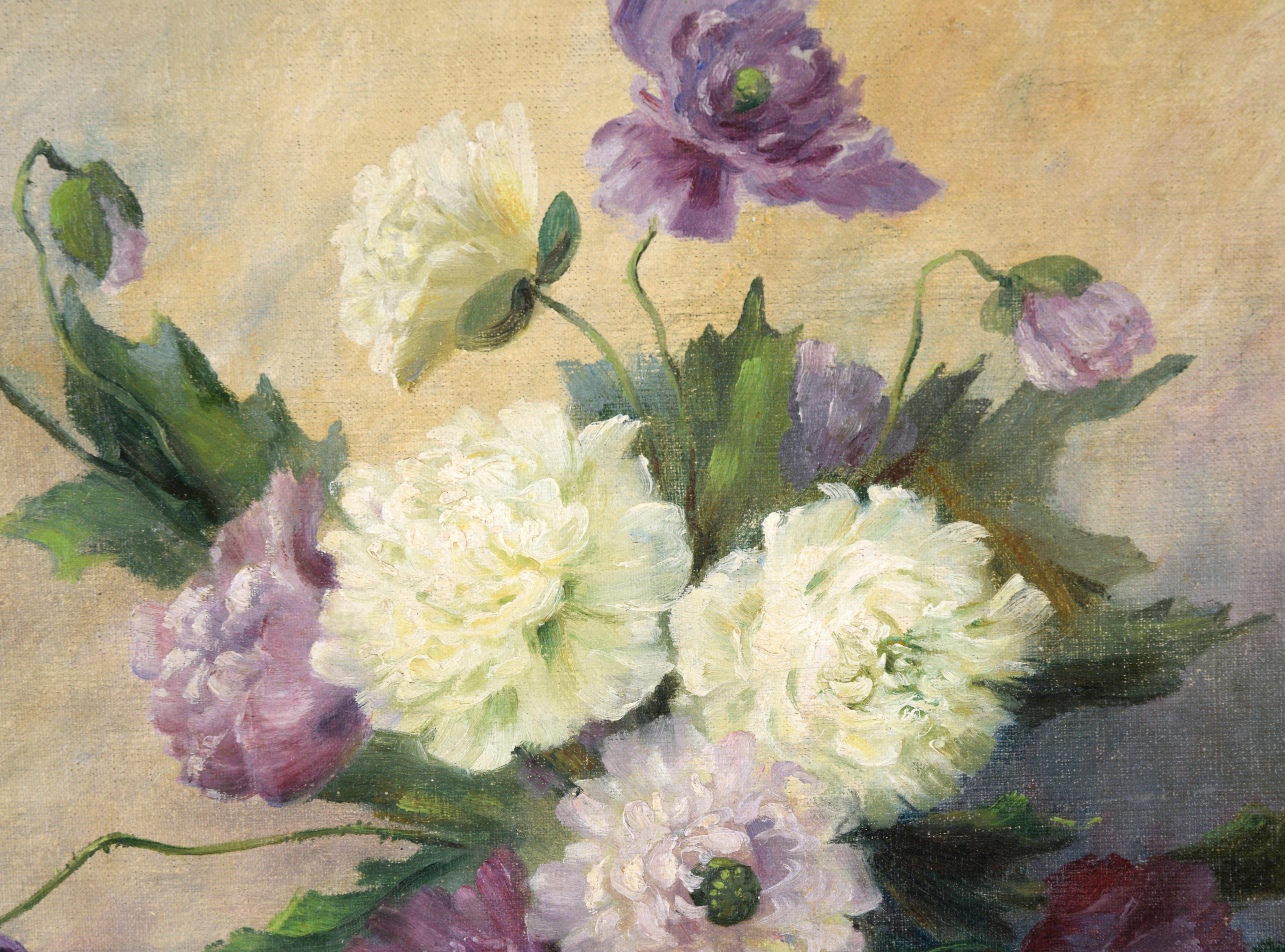 White and Purple Dahlias - Floral Still Life in Oil on Illustration Board

Delicate still life of dahlias in a green vase by Gertrud Stimming (Germany, b-1880s). Several white and purple flowers sit in a vase with other foliage. The pedals and