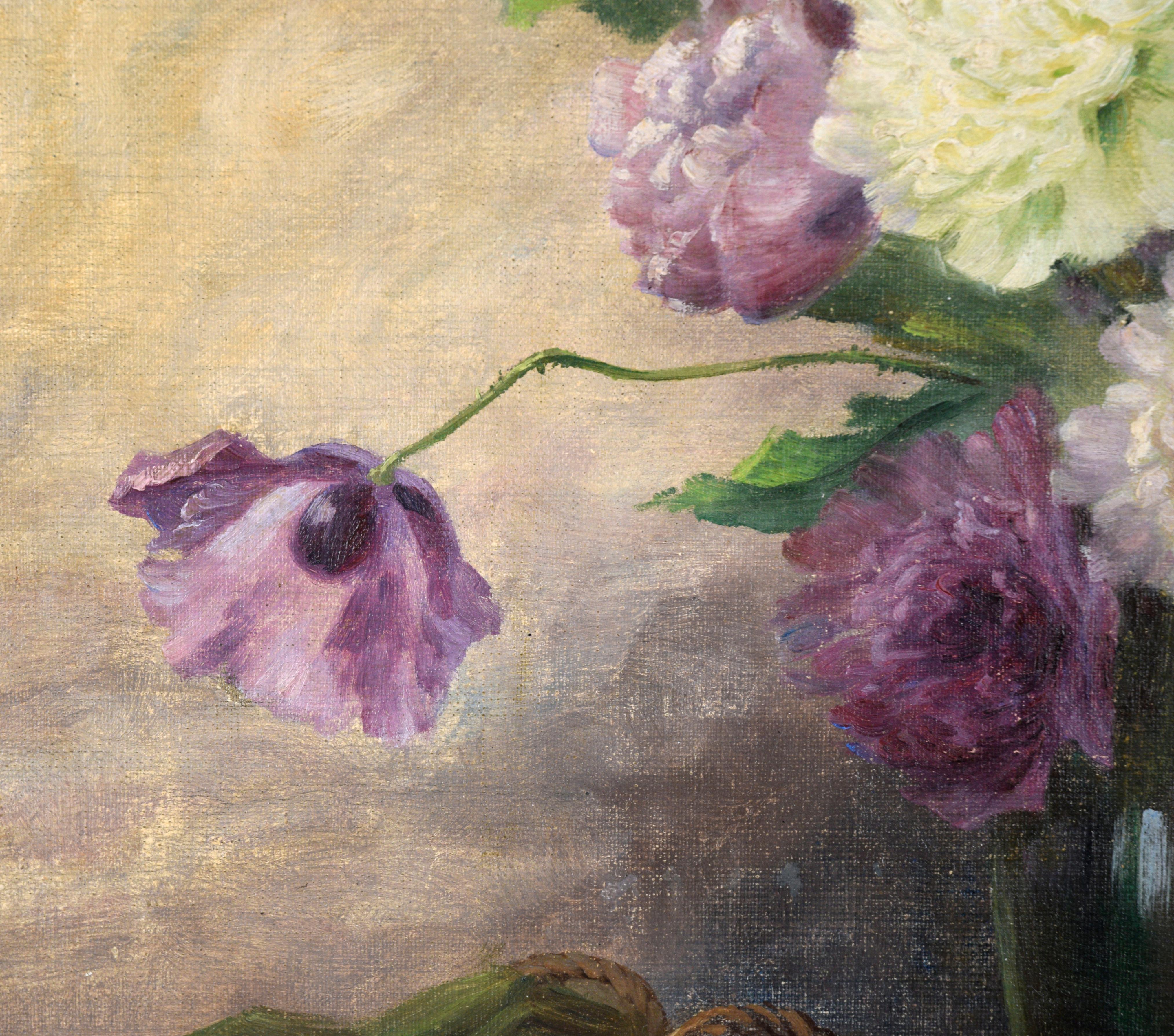 White and Purple Dahlias Floral Still Life in Oil on Linen on Illustration Board For Sale 1