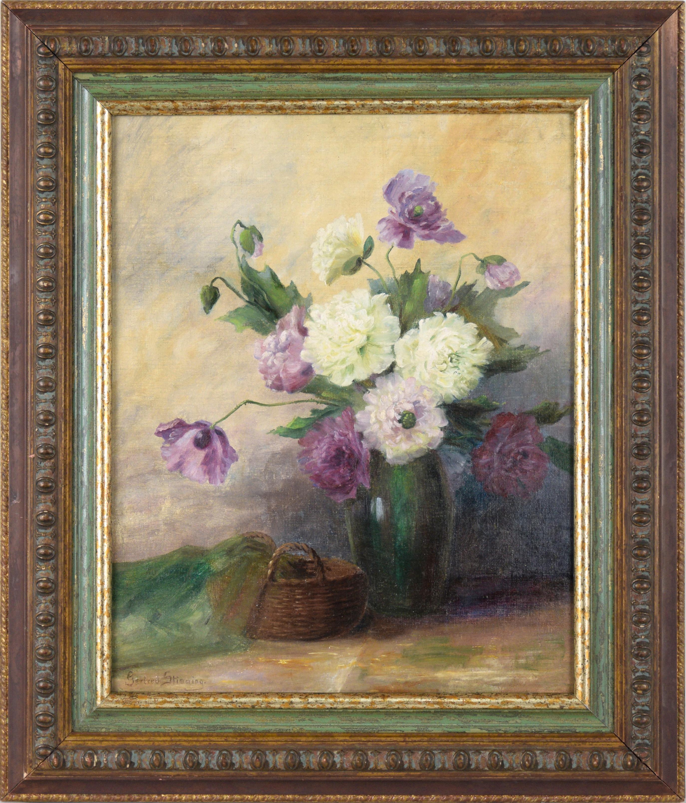 Gertrud Stimming Still-Life Painting - White and Purple Dahlias Floral Still Life in Oil on Linen on Illustration Board