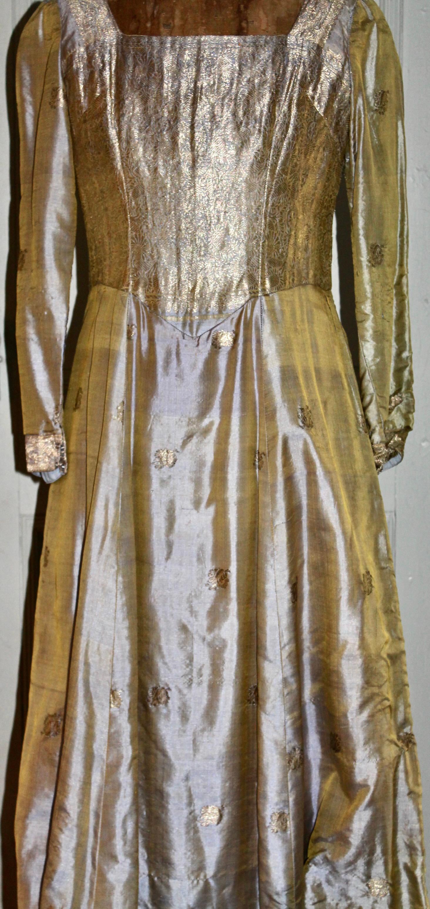 Brown Gertrude Arzt of Huntington (Texas) Silk/Satin Metallic Gold Gown For Sale
