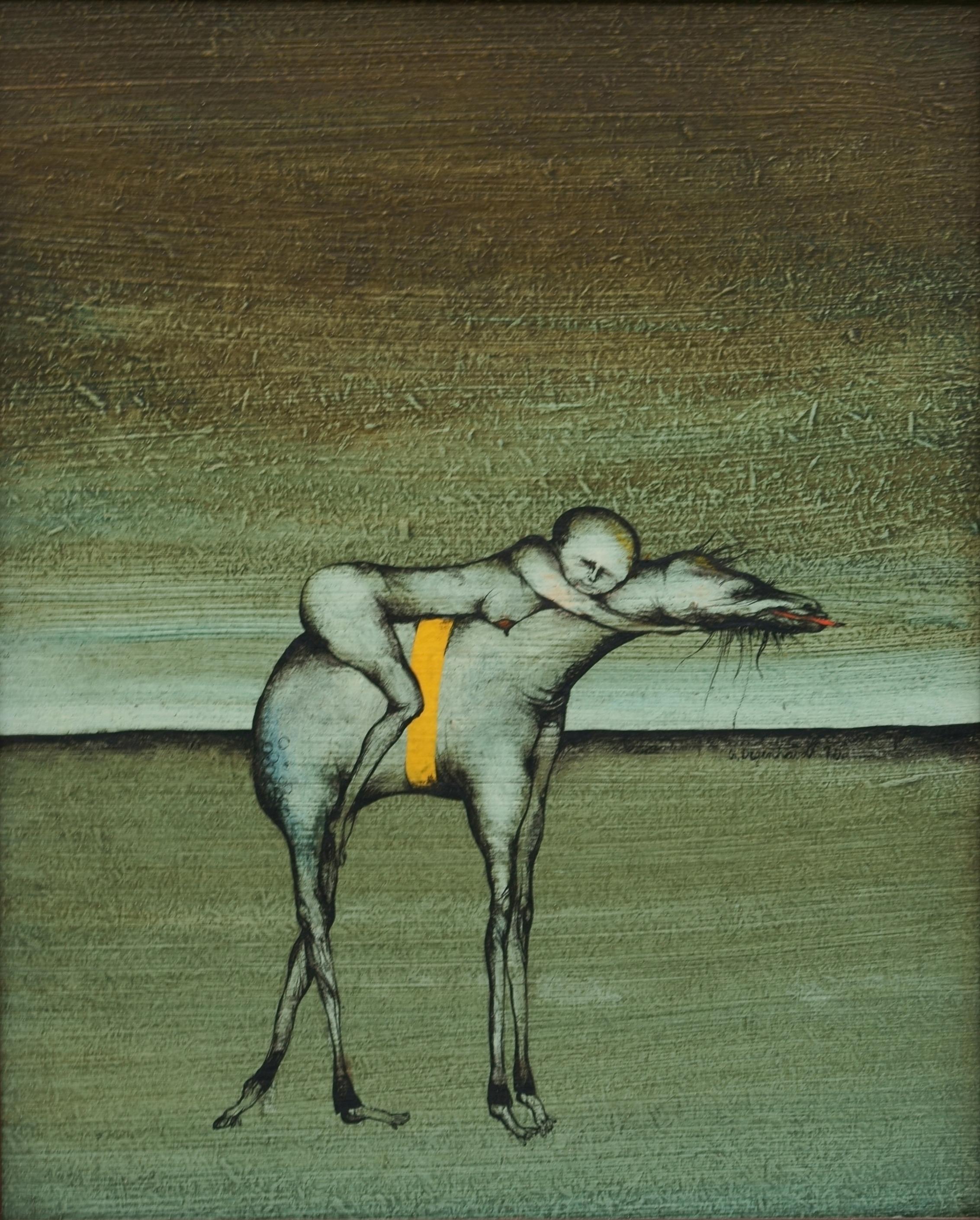 Gertrude Degenhardt (1940 New York - 2025 Greifswald), Two Fantastic Scenes, 1970. Oil on hardboard, each 27.5 cm x 22.5 cm (pictures), 38 cm x 33 cm (frame), each signed “G. Degenhardt” and dated “[19]70” in the center below the horizon line, in