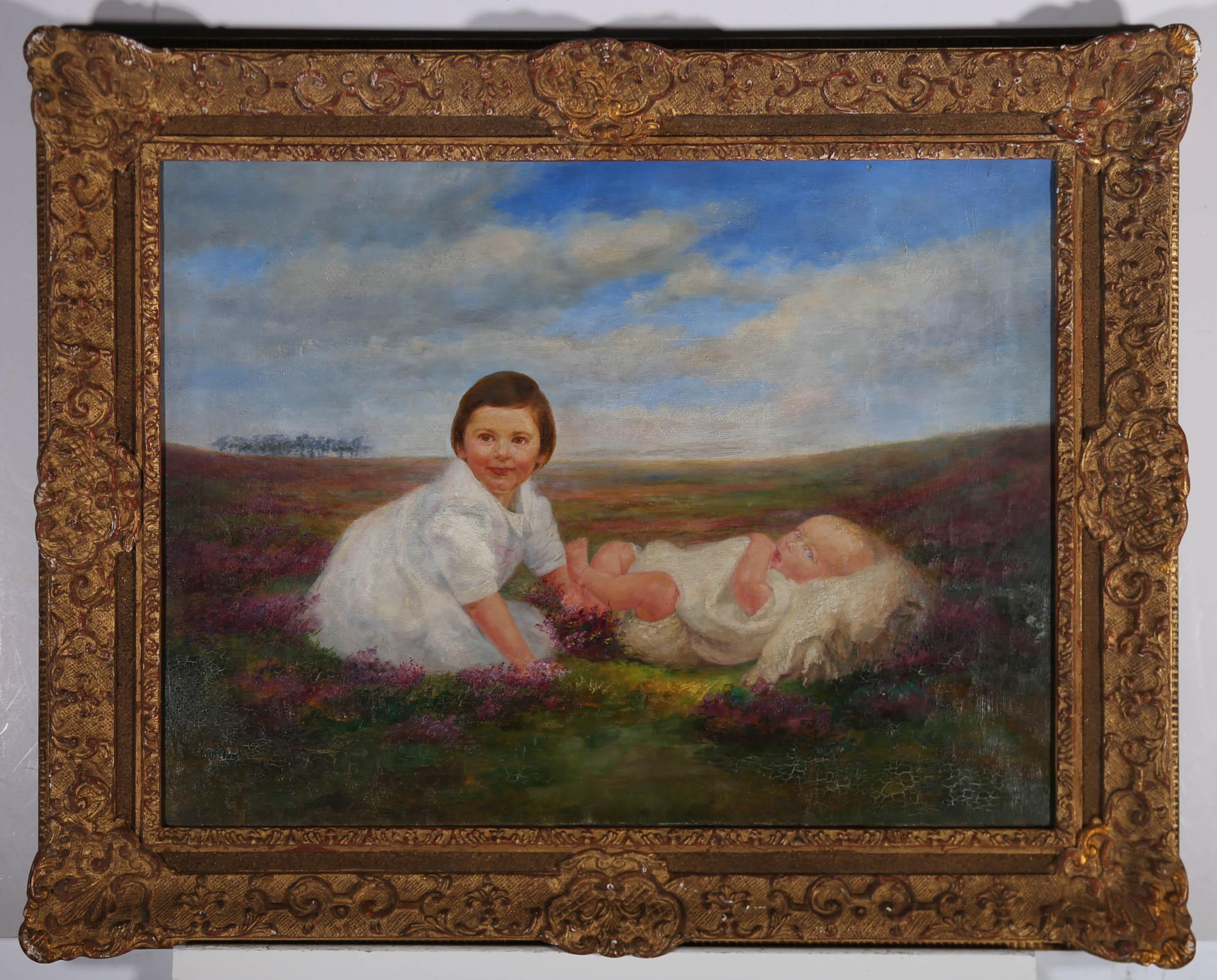 This early 19th century portrait depicts Ursula Margaret Nutt and Richard David Nutt as children. The infants are depicted against a vast landscape as they sit in the heather. Inscribed to the reverse with artist name and title. Presented in an