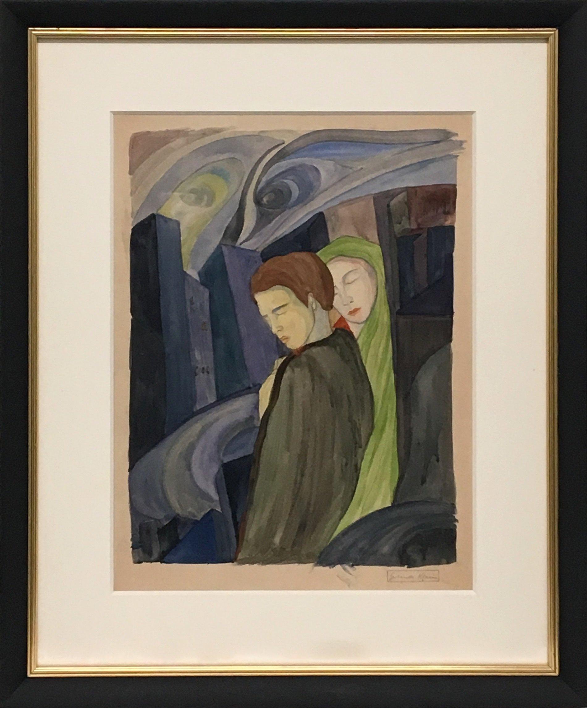 Dreamy Vintage-Aquarell mit zwei Figuren der Künstlerin Gertrude Klares Bedell im Angebot 1