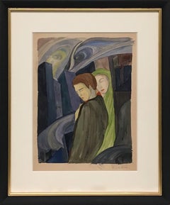 Dreamy Vintage Watercolor of Two Figures by Artist Gertrude Klares Bedell