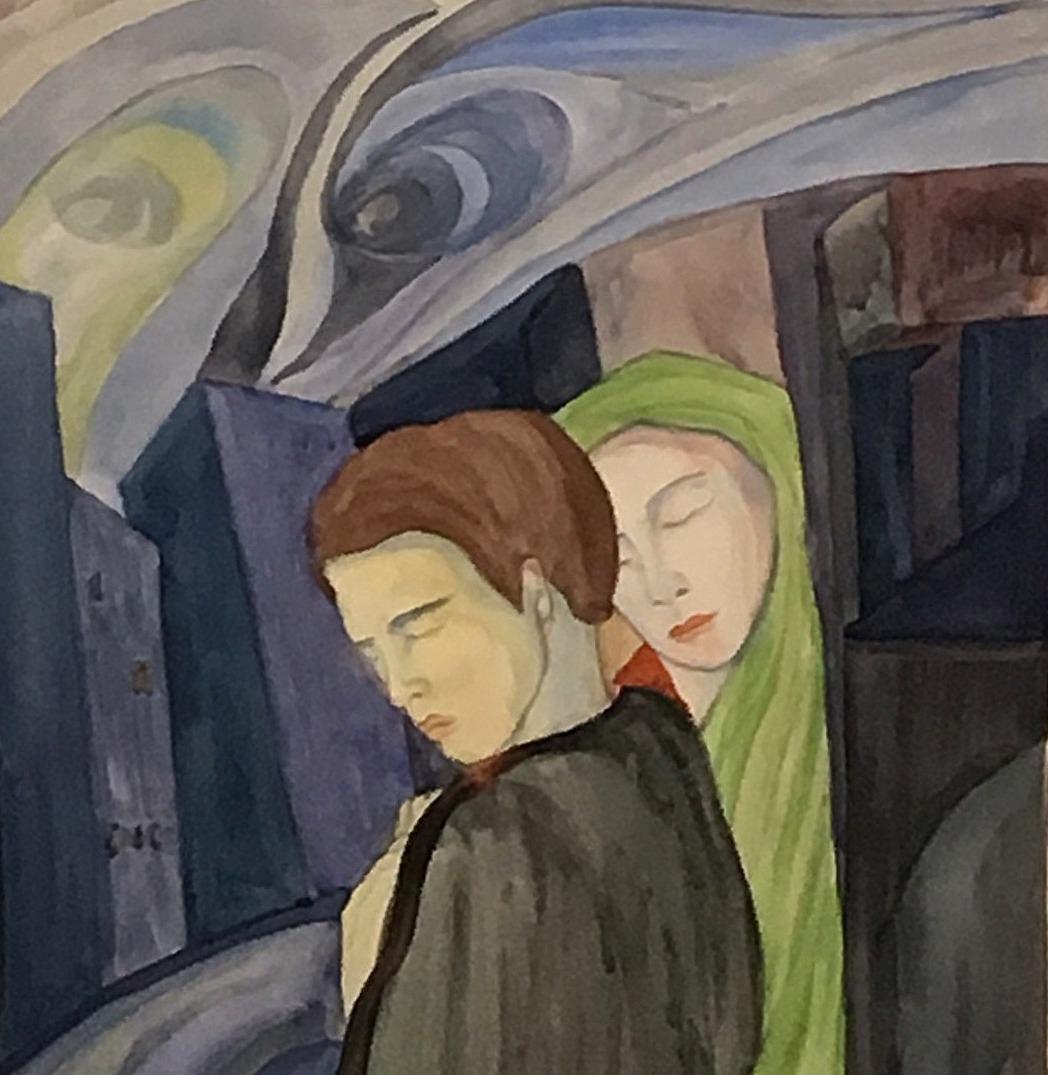 Dreamy Vintage-Aquarell mit zwei Figuren der Künstlerin Gertrude Klares Bedell im Angebot 2