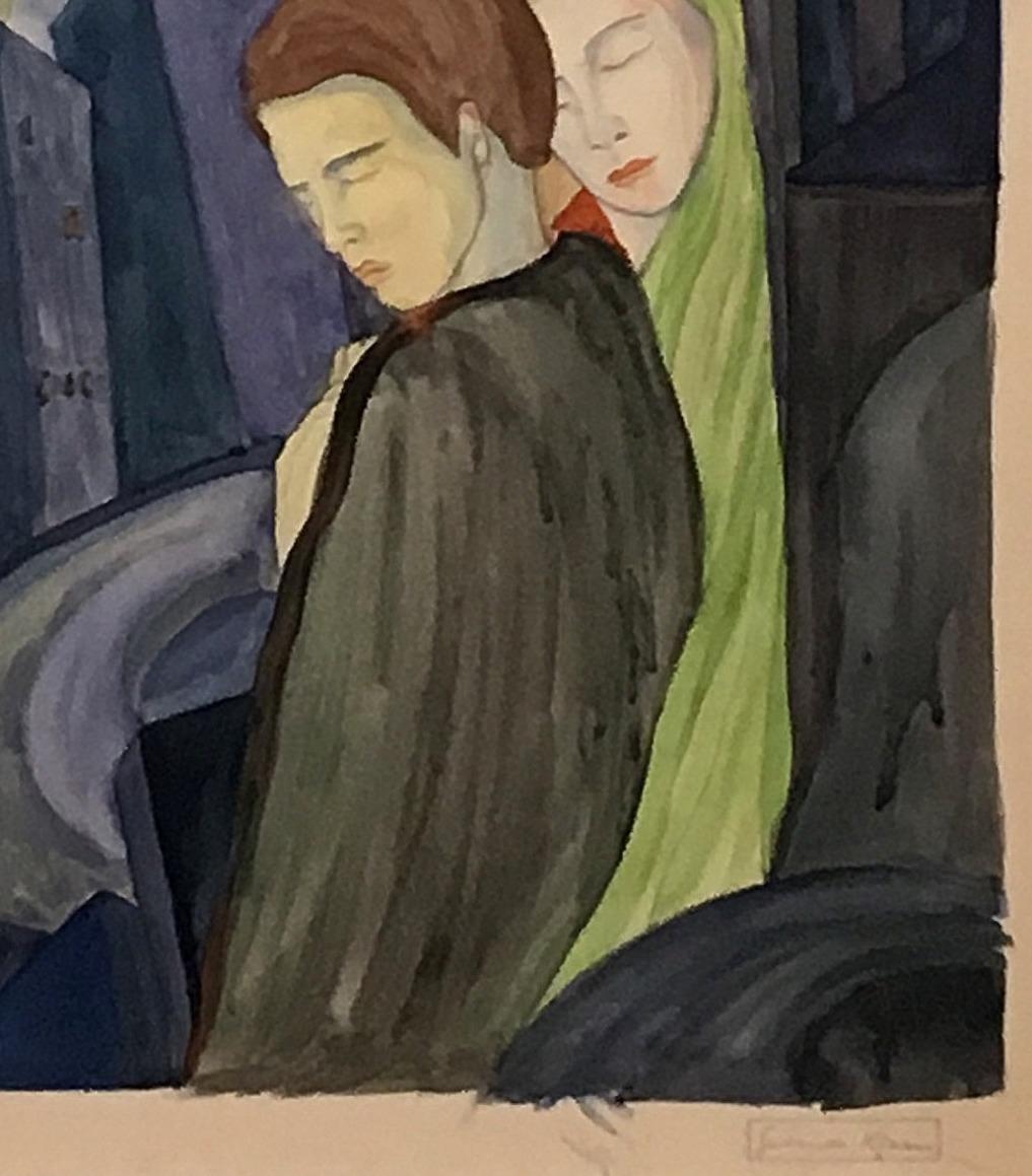 Dreamy Vintage-Aquarell mit zwei Figuren der Künstlerin Gertrude Klares Bedell im Angebot 3