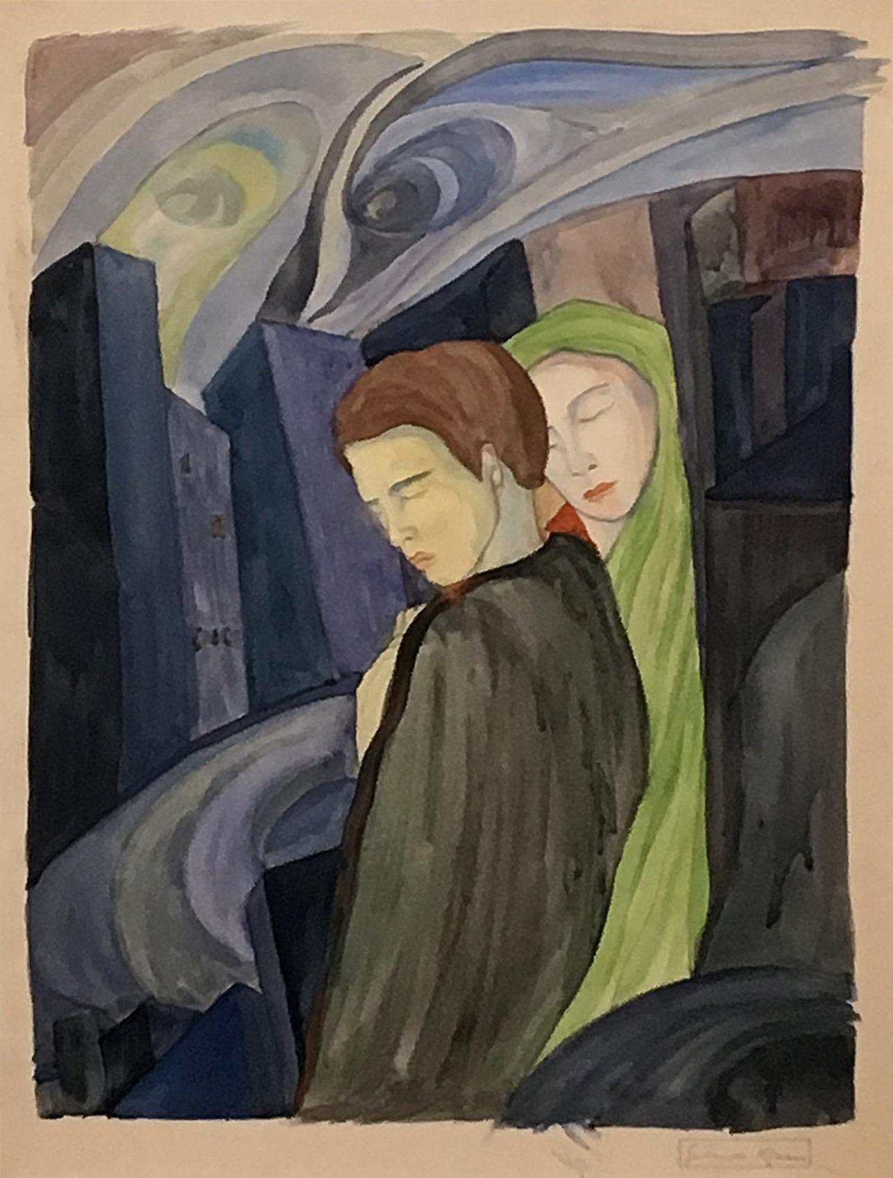 Acuarela vintage de ensueño de dos figuras de la artista Gertrude Klares Bedell