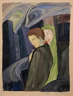 Dreamy Vintage Watercolor of Two Figures by Artist Gertrude Klares Bedell
