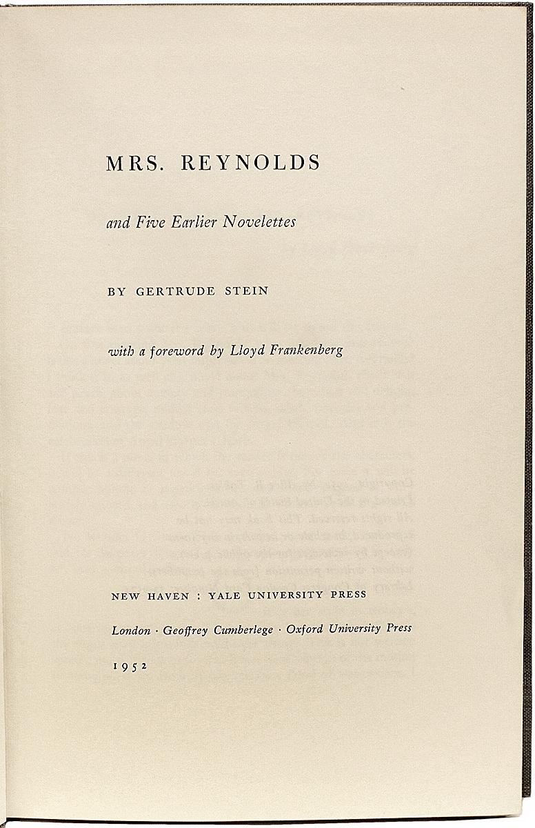 Mid-20th Century Gertrude Stein, Mrs. Reynolds. Inscribed by Alice Toklas, First Edition 1952 For Sale