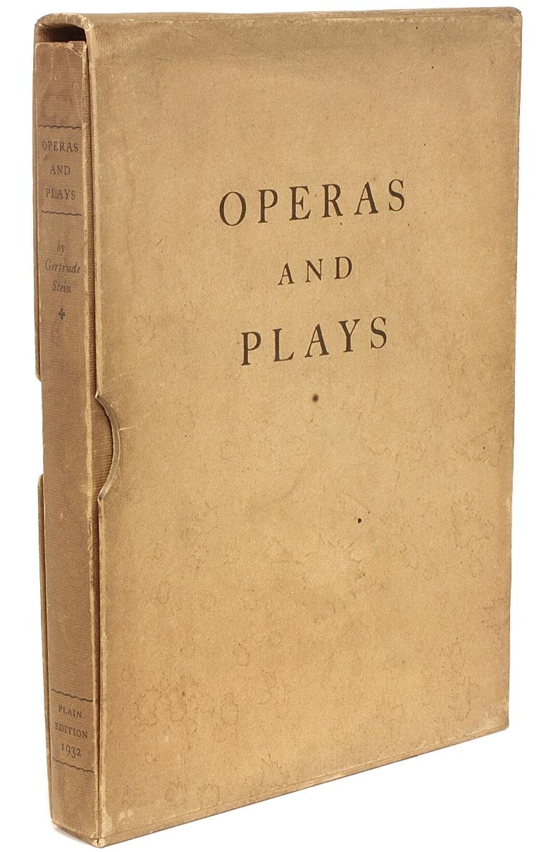 Author: STEIN, Gertrude. 

Title: Operas and Plays.

Publisher: Paris: 27 Rue de Fleurus, 1932.

PLAIN EDITION INSCRIBED BY ALICE TOKLAS. 1 vol., limited to 500 copies, inscribed by Alice in her tiny hand on the half-title 