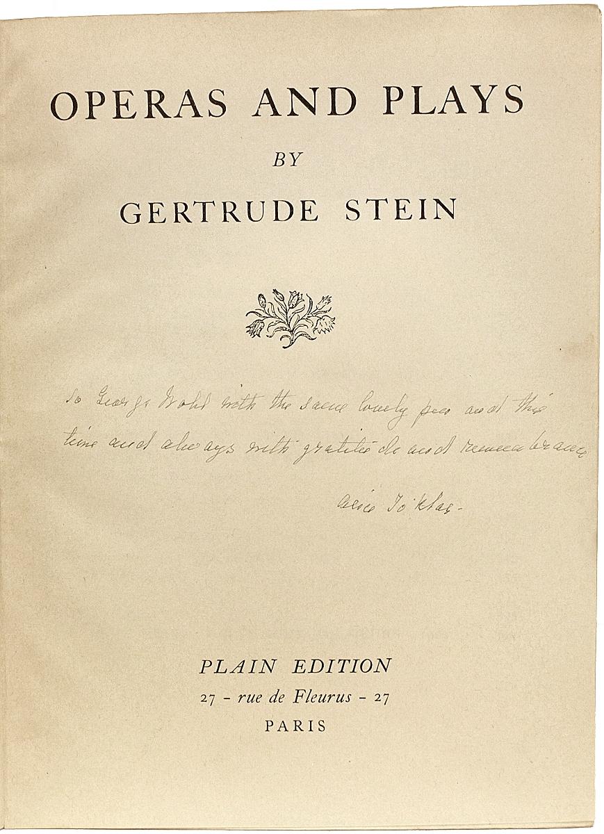 Mid-20th Century Gertrude Stein, Operas and Plays, Inscribed by Alice Toklas, Plain Edition 1932 For Sale