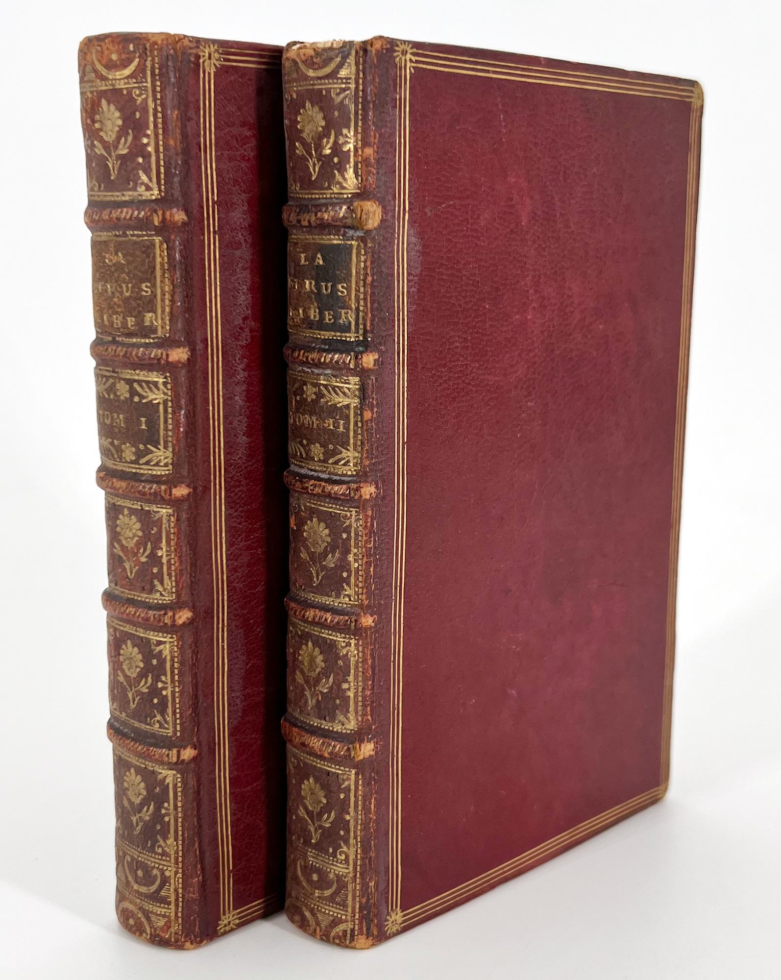 Paris : Prault, 1768
2 volumes, 12mo, 5 3/8 x 3 1/8 pouces (136 x 80 mm). Tome 1 : titre avant, 2e frontispice, iii, 326 ; Tome 2 : titre, 333 pp. Texte en italien. Frontispice de Godefroy d'après Nicolas Cochin, deux titres d'Aveline d'après