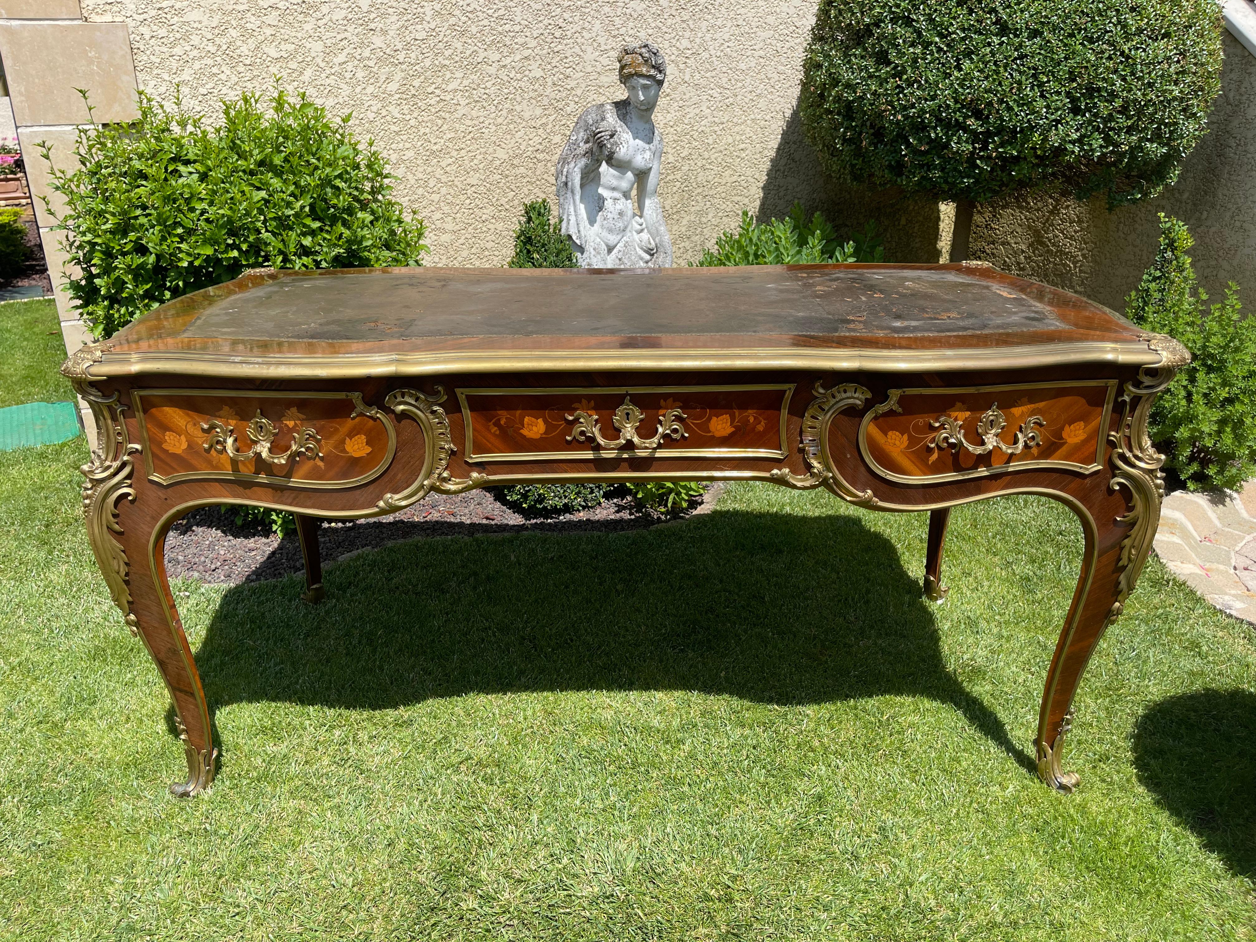 Gervais Durand, 19th Century Middle Desk in Marquetry & Bronze Style Louis XV For Sale 12
