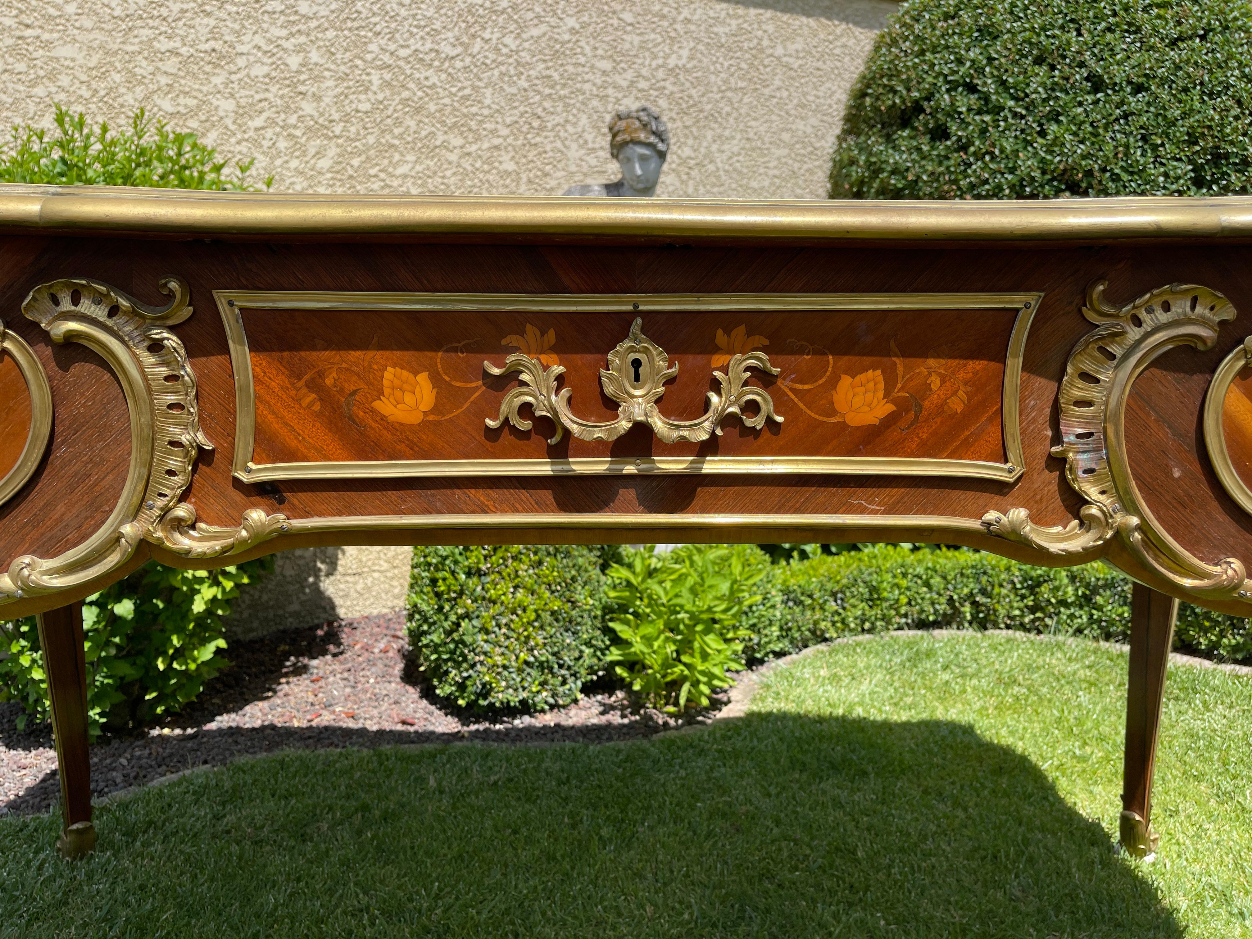 Carved Gervais Durand, 19th Century Middle Desk in Marquetry & Bronze Style Louis XV For Sale