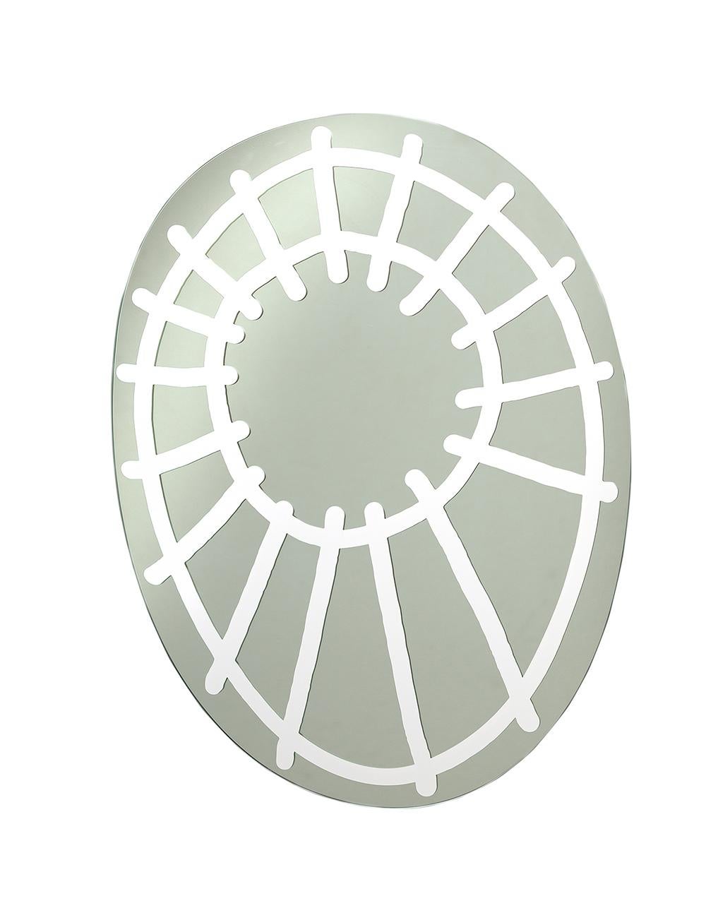 Family of wall mirrors with rounded irregular shapes, BRICK 96-97-98-99 are decorated with drawings in white paint that seem to recreate freehand brushstrokes.

Mirror with white lacquered decoration.

Additional Information:
Material: