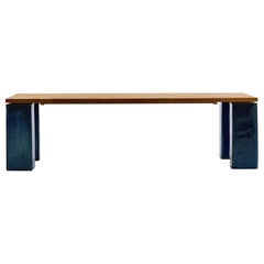 Gervasoni Inout 34 Table in Natural Teak Slats Top with Blue Ceramic Base