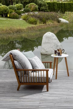 Gervasoni Inout 742 Round coffee table in Iroko wood and Carrara marble top