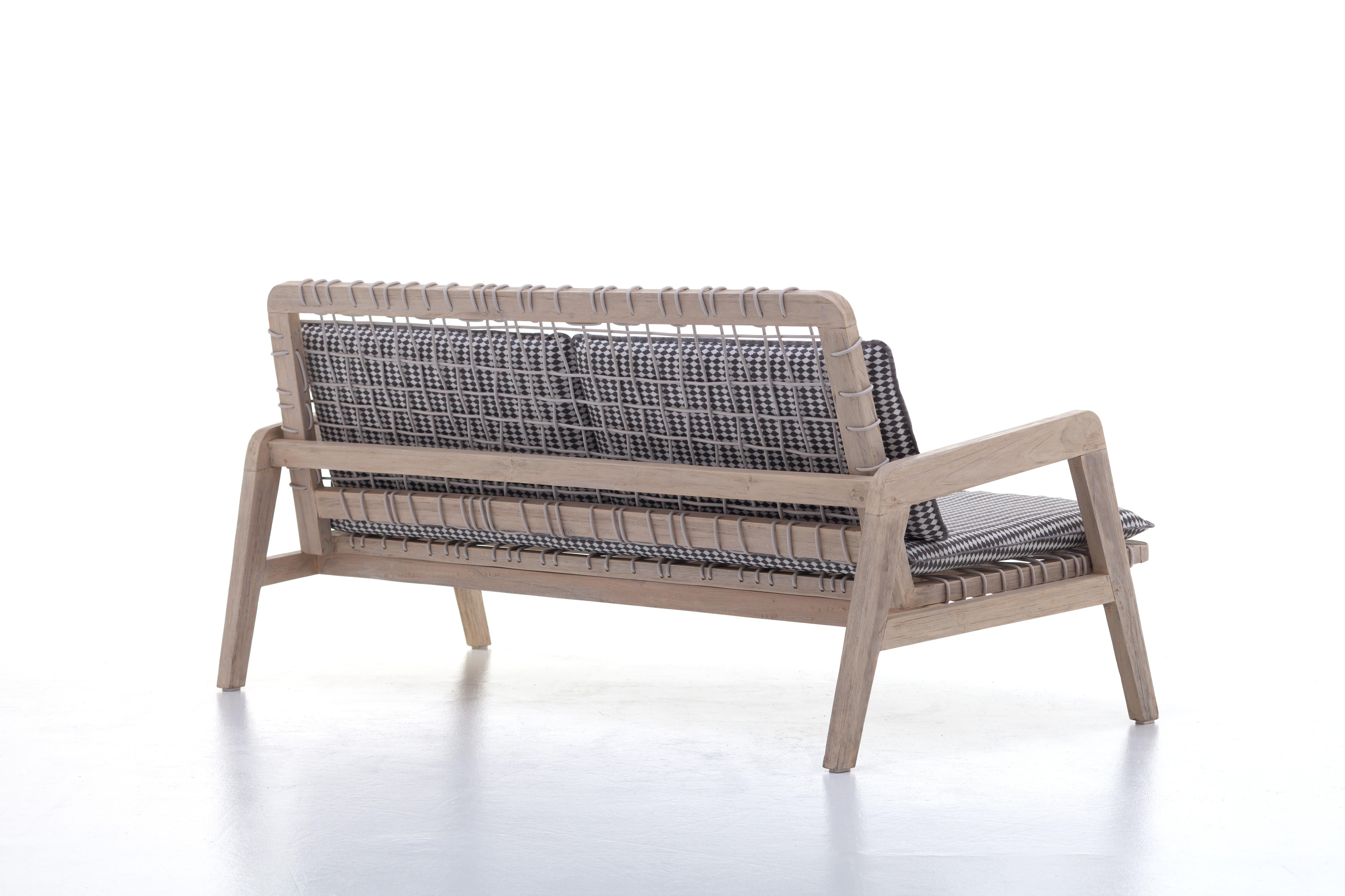 Modern Gervasoni Inout Sofa in Lisboa 07 Upholstery and Aged Teak Frame with Woven For Sale