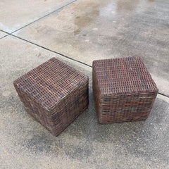 Gervasoni Italy Woven Pencil Reed Cube Cubist Side Tables or Ottoman, a Pair