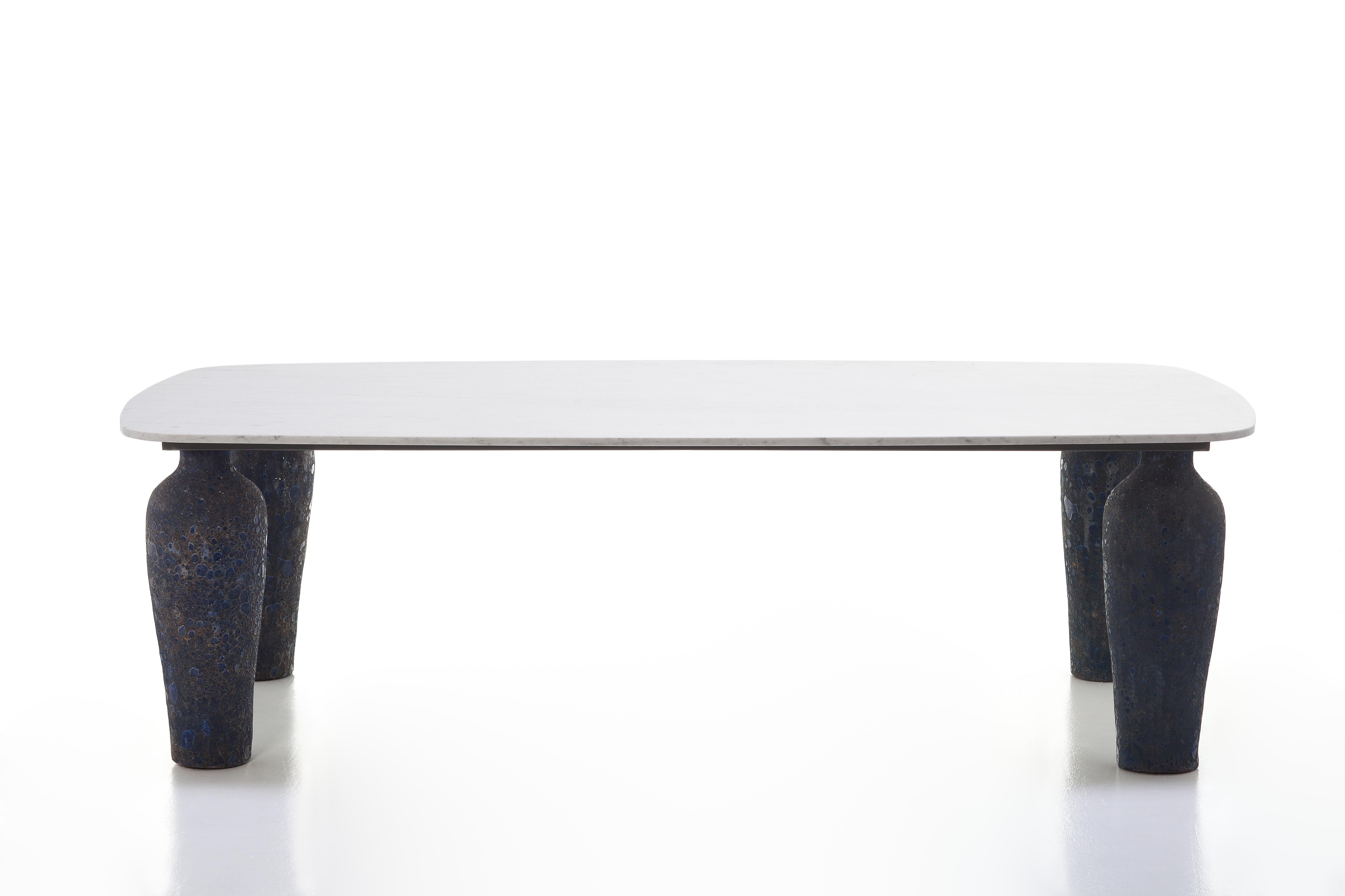 Modern Gervasoni Moon 33 Table with Blue Ceramic Base & White Carrara Marble Top For Sale