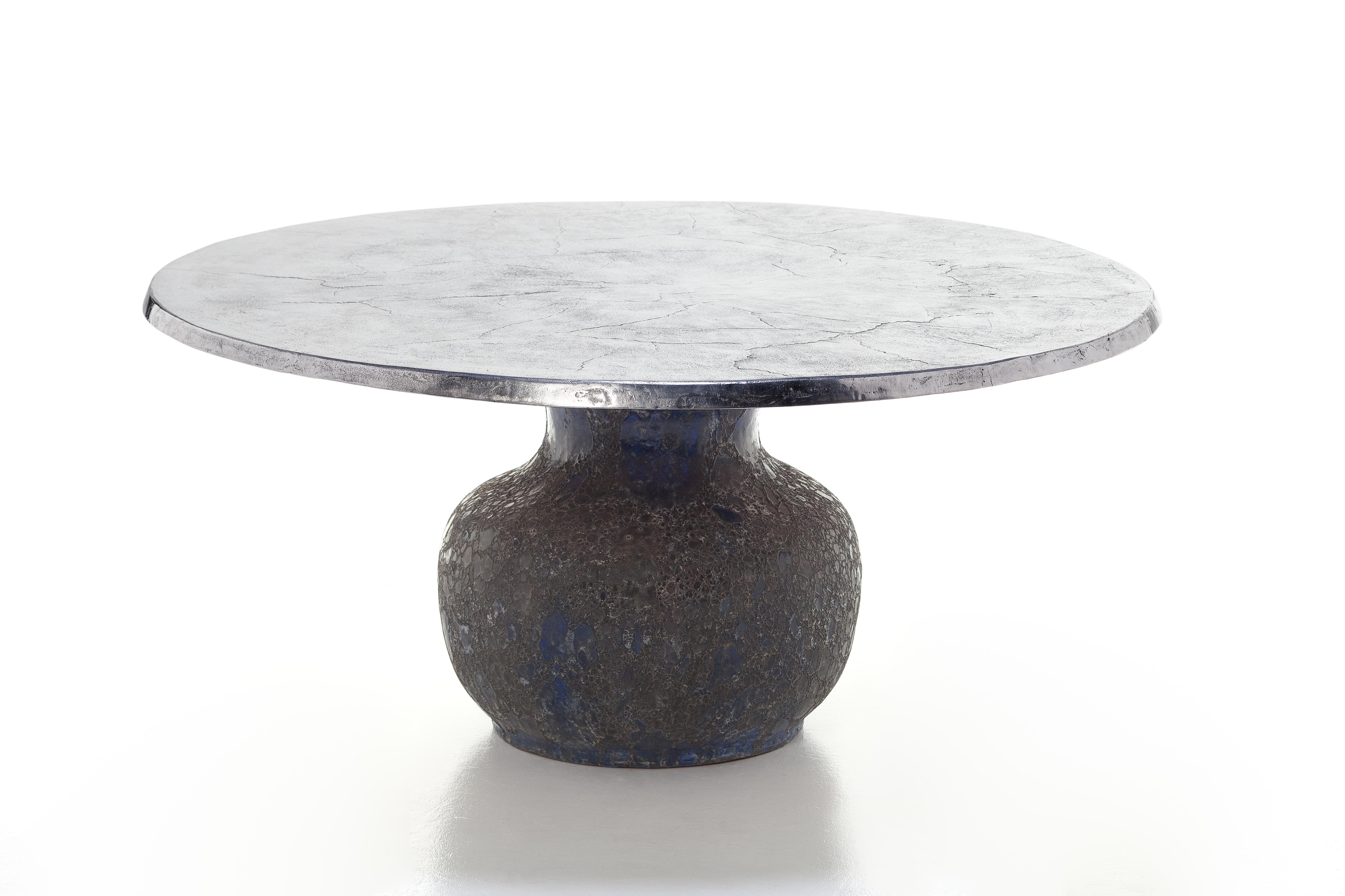 Modern Gervasoni Moon 36 Round Table with Blue Ceramic Base & Cast Aluminium Top For Sale