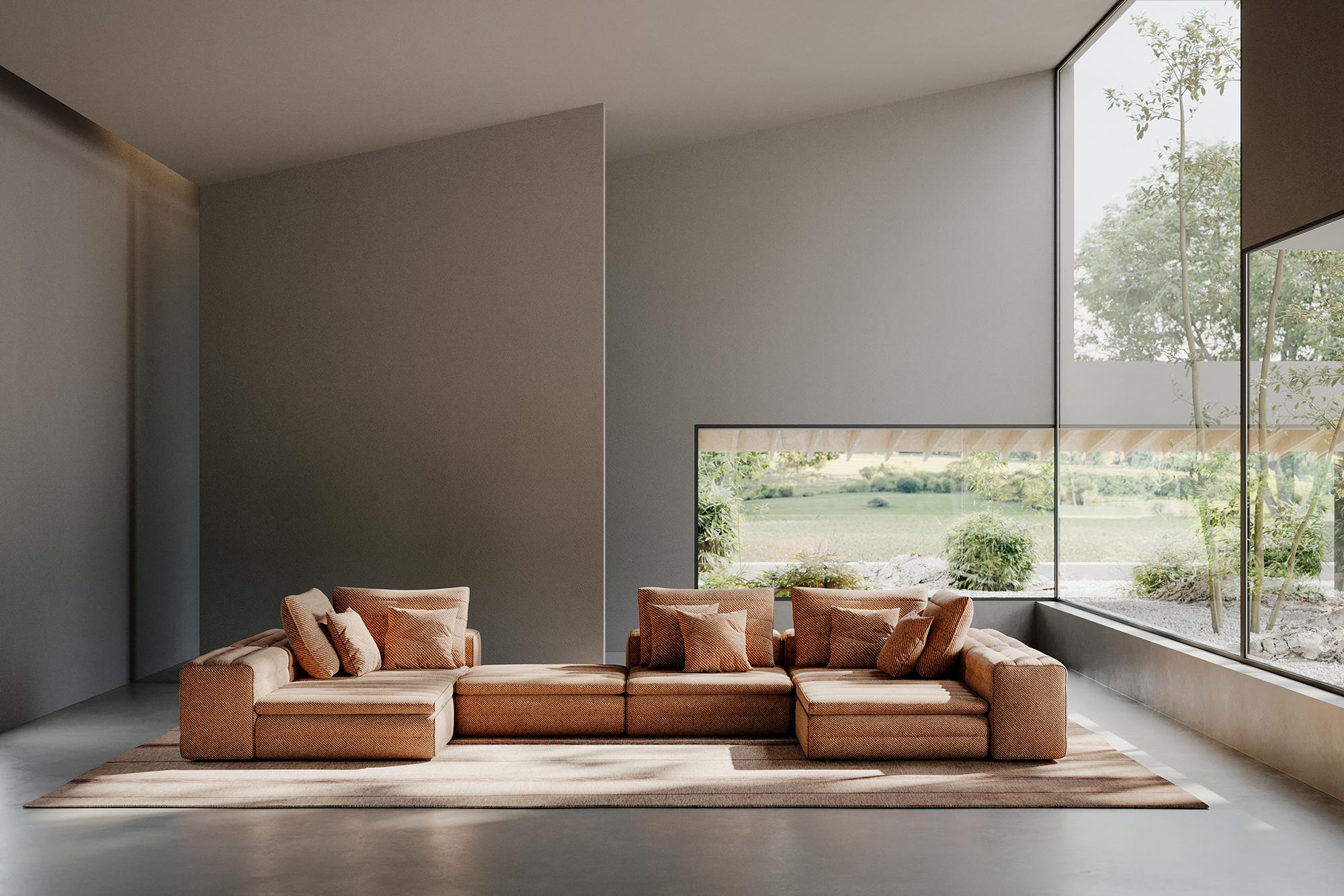 Samet ist ein modulares Sofa ohne Regeln, ein multifunktionales und konfigurierbares Produkt, das den Menschen als aktives Subjekt in die Gestaltung seines eigenen Raums einbezieht und ihn ermutigt, mit neuen Nutzungsformen zu experimentieren.
