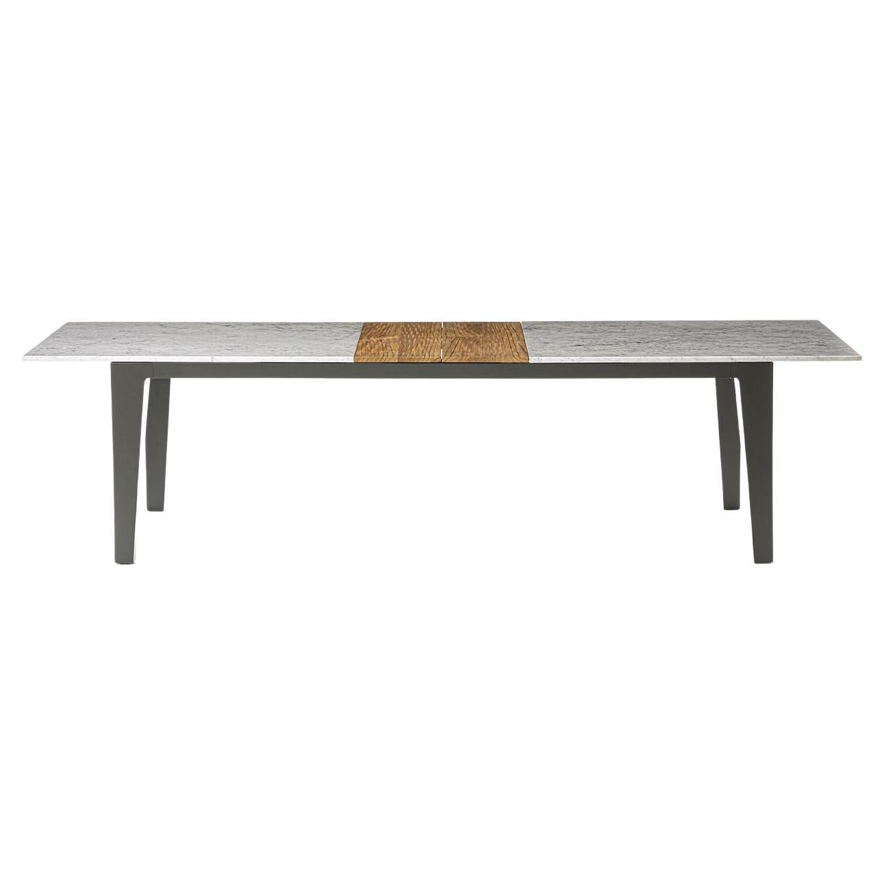 Petite table intérieure Gervasoni en marbre et plateau en teck à rallonge avec aluminium gris