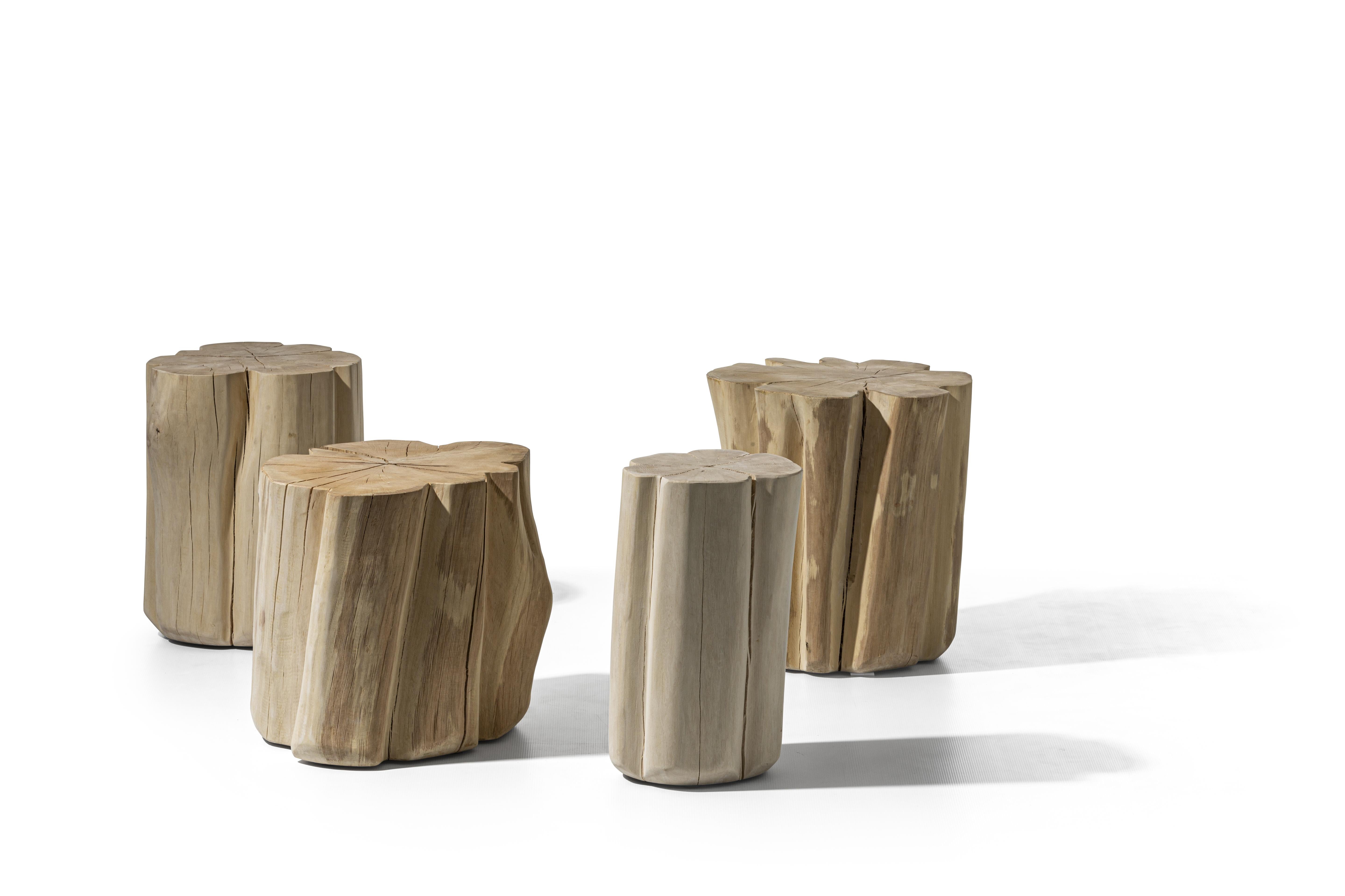 A family of poufs with Nordic suggestions, Brick XS/S/M/L are made from a section of debarked hornbeam trunk. Available in different heights and diameters, these are products with a contemporary charm, which aim to enhance the naturalness of wood.