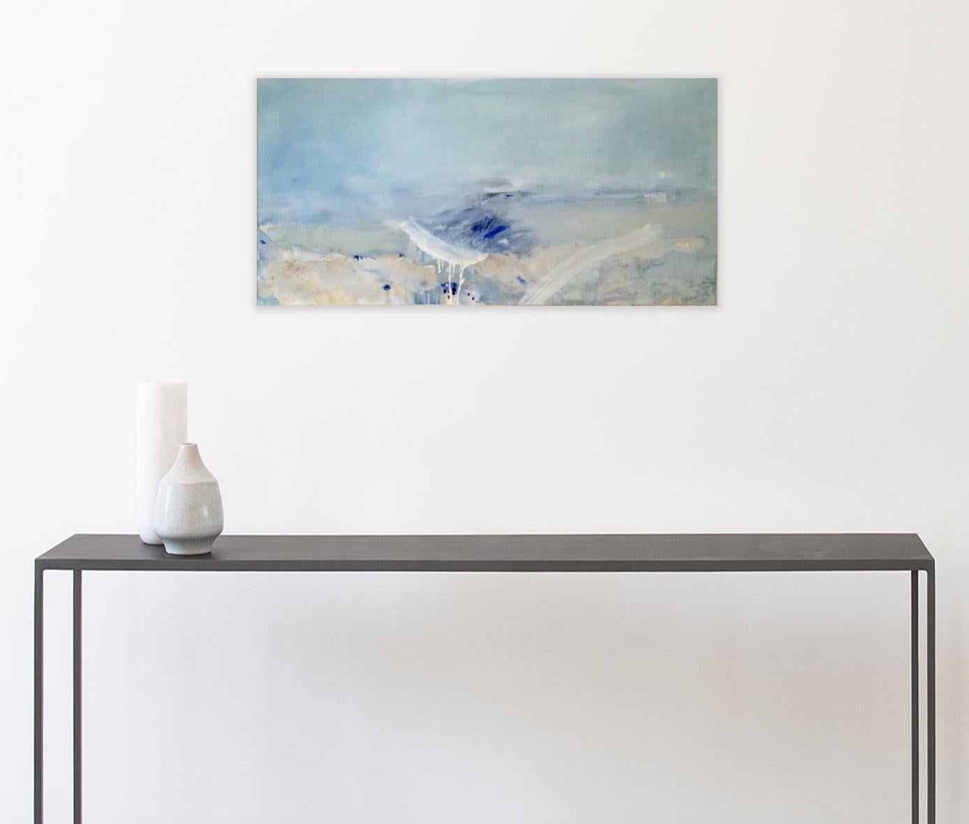 A day at the sea, waves, sand, misty & dreamy atmosphere. Calm with lots of details to explore, the golden pigments will start to sparkle and shine whenever the light hits the painting, making it come alive just like nature does...    50x100x2cm.