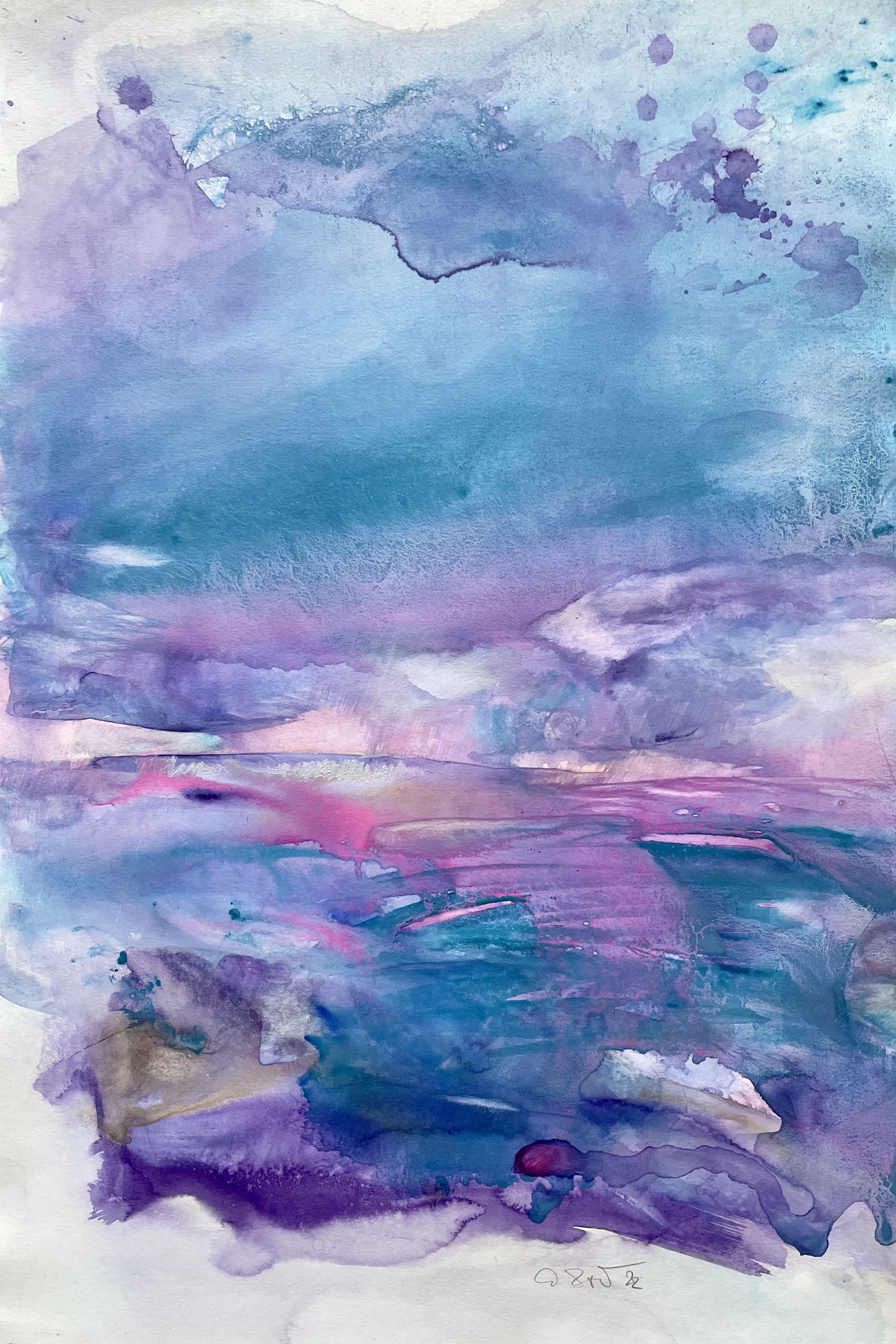 A beautiful, colorful, semi-abstract powerful mixed media painting on paper about those happy days at the sea. Sea days to me mean walks, wind, weather, sunsets, width and all the beauty there is to explore at the sea.    60x40 cm, inks,