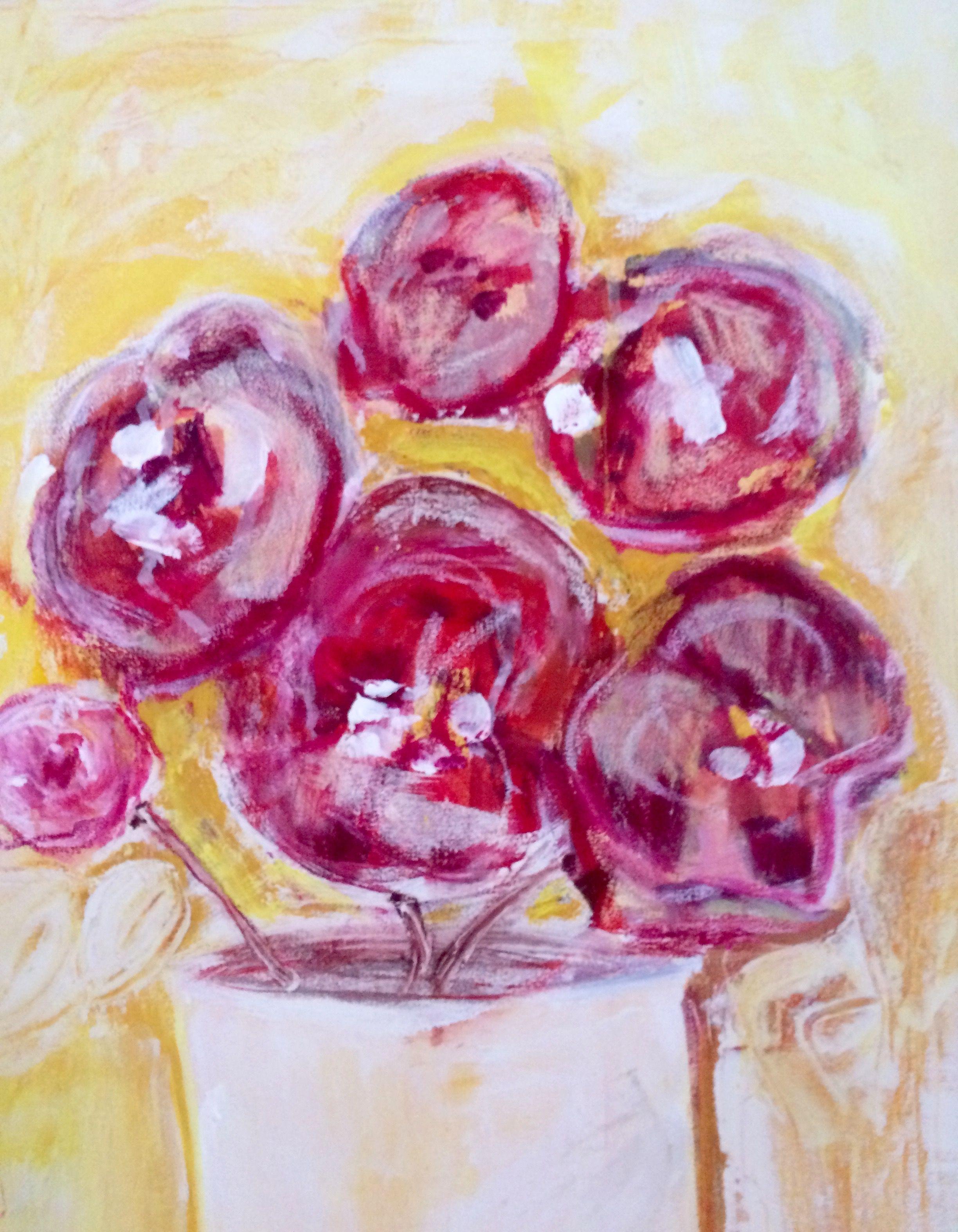 Peonies, Painting, Gouache on Canvas For Sale 1