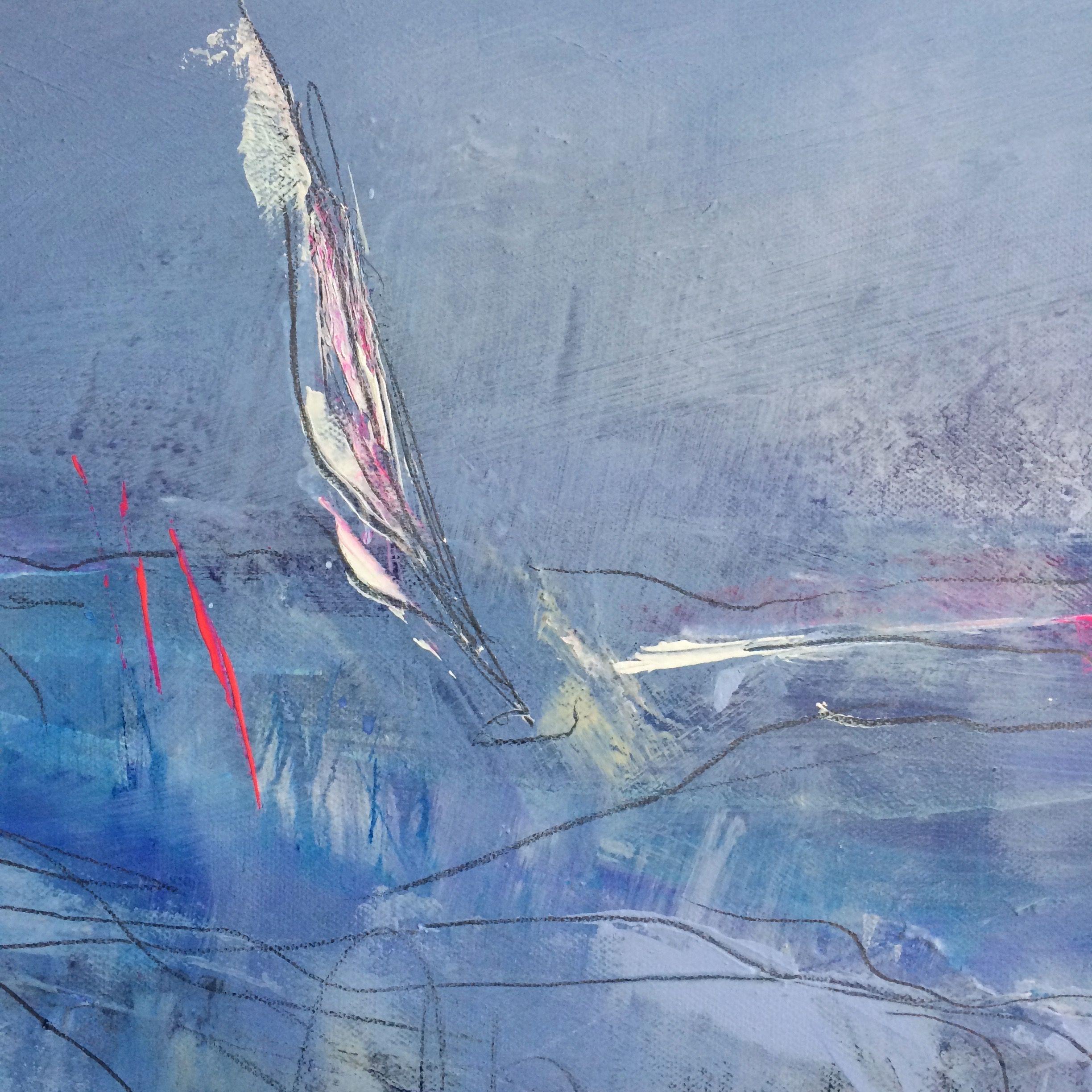A big, expressive semi-abstract blue landscape - while being in self-isolation because of Covid19 I am dreaming more and more often of sailing away from it all...  here you can find lovely pastel blues with lots of markmaking, watertraces and traces