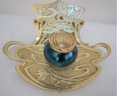 Geschutzt Viennese Art Nouveau Bronze Inkwell with Art Glass Inkwell