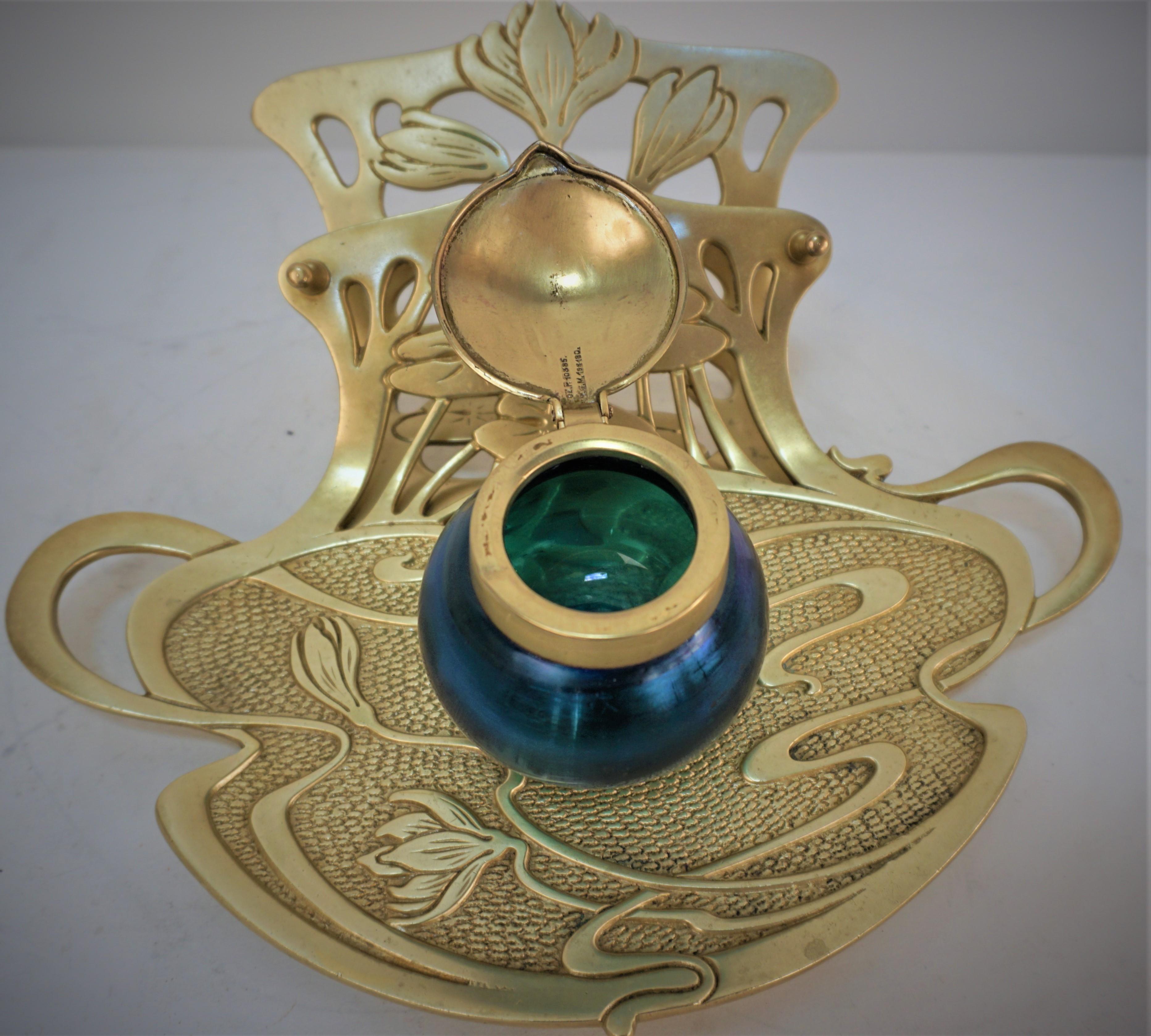 Austrian Geschutzt Viennese Art Nouveau Bronze Inkwell with Art Glass Inkwell