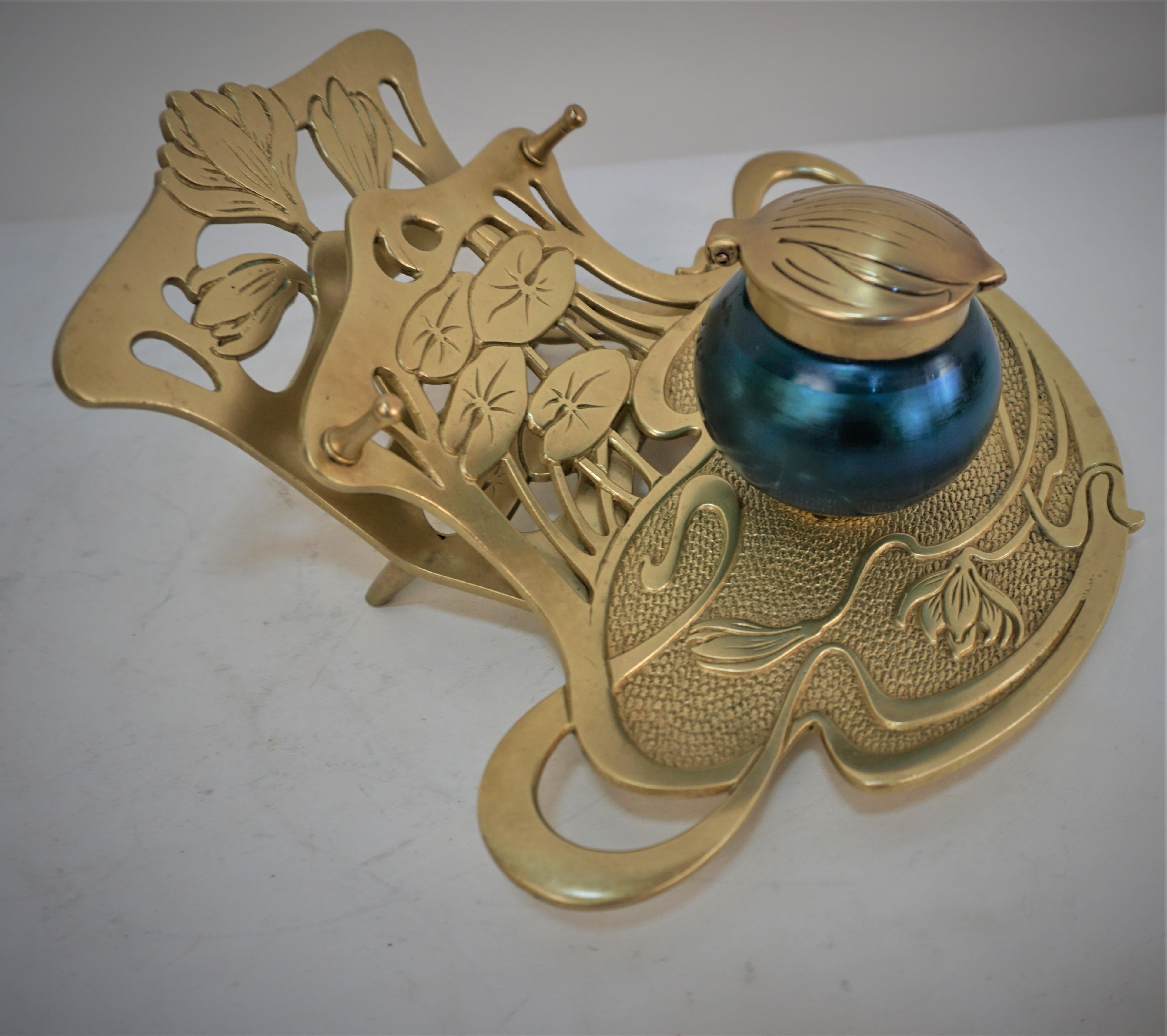 Early 20th Century Geschutzt Viennese Art Nouveau Bronze Inkwell with Art Glass Inkwell