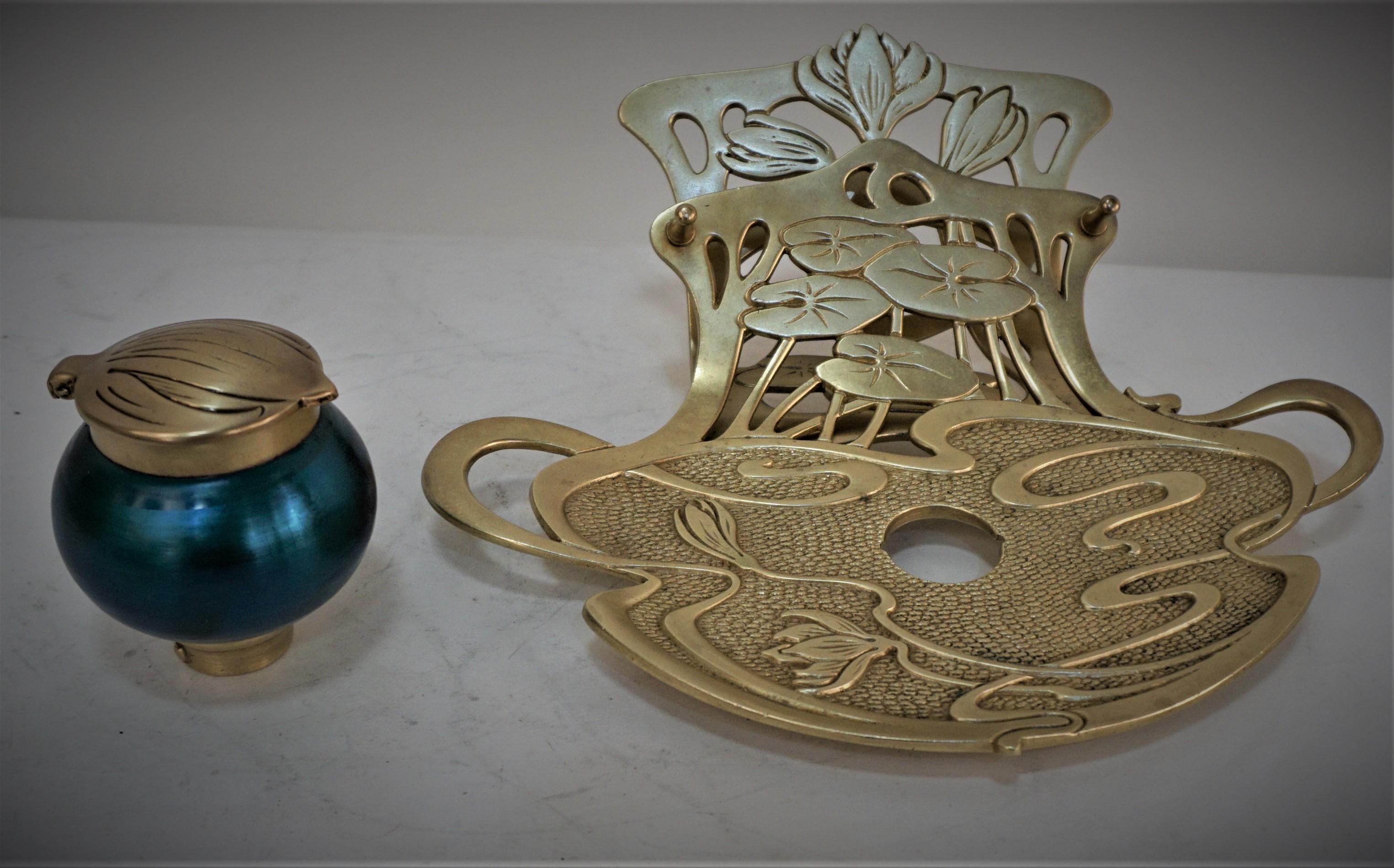 Geschutzt Viennese Art Nouveau Bronze Inkwell with Art Glass Inkwell 1
