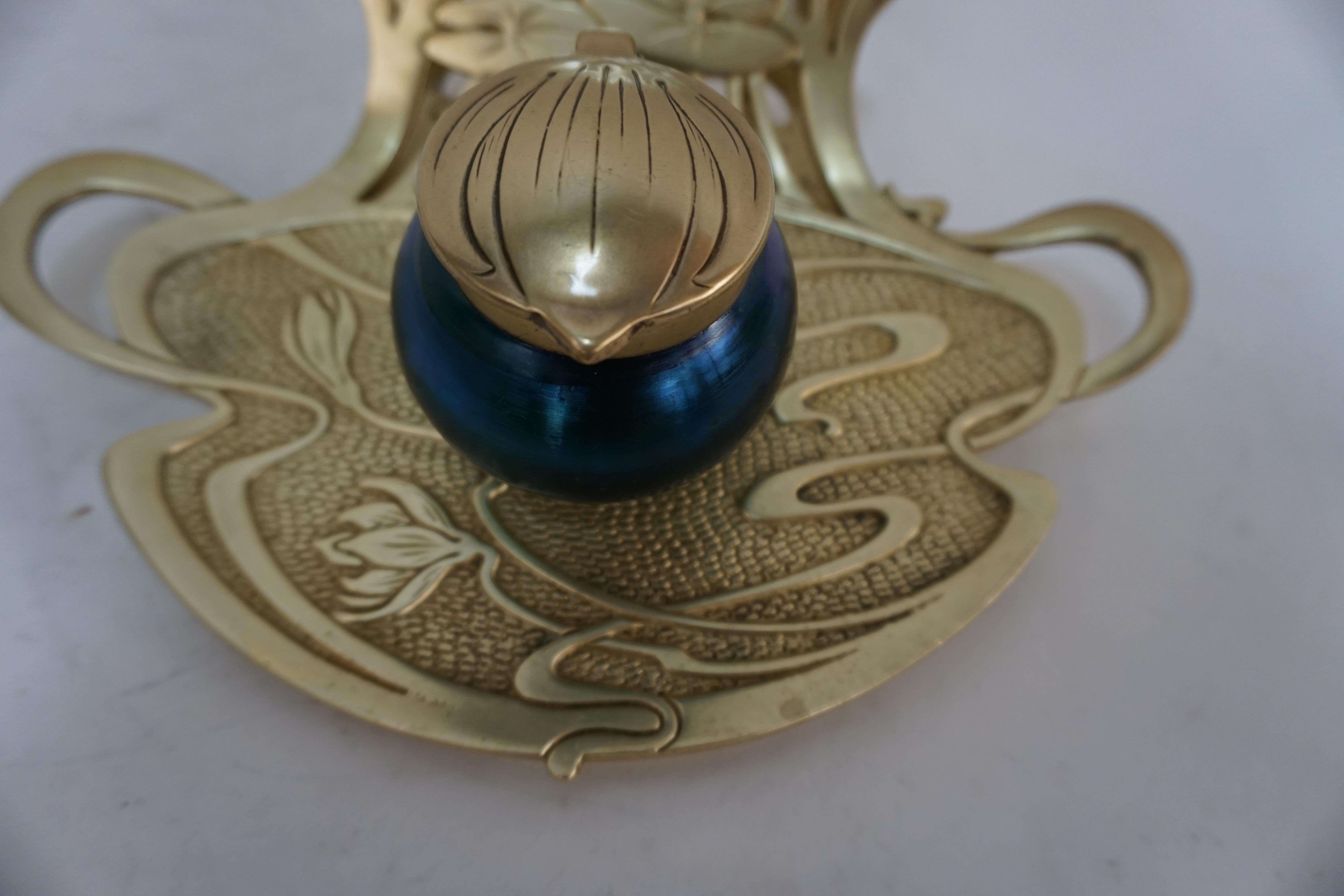Geschutzt Viennese Art Nouveau Bronze Inkwell with Art Glass Inkwell 3