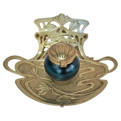 Geschutzt Viennese Art Nouveau Bronze Inkwell with Art Glass Inkwell