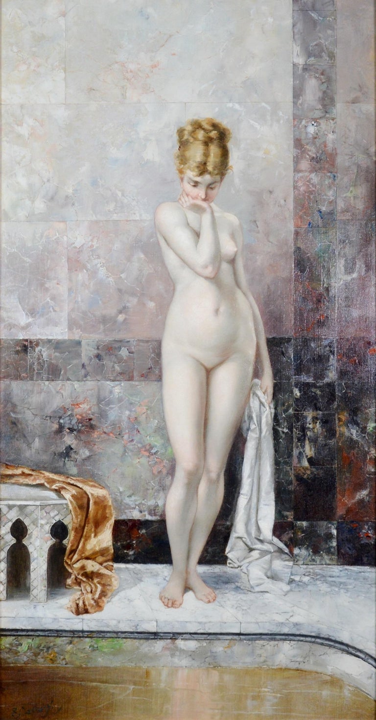 Apprehension - Large 19th Century Orientalist Oil Painting of Beautiful Nude  - Brown Figurative Painting by Geskel Saloman