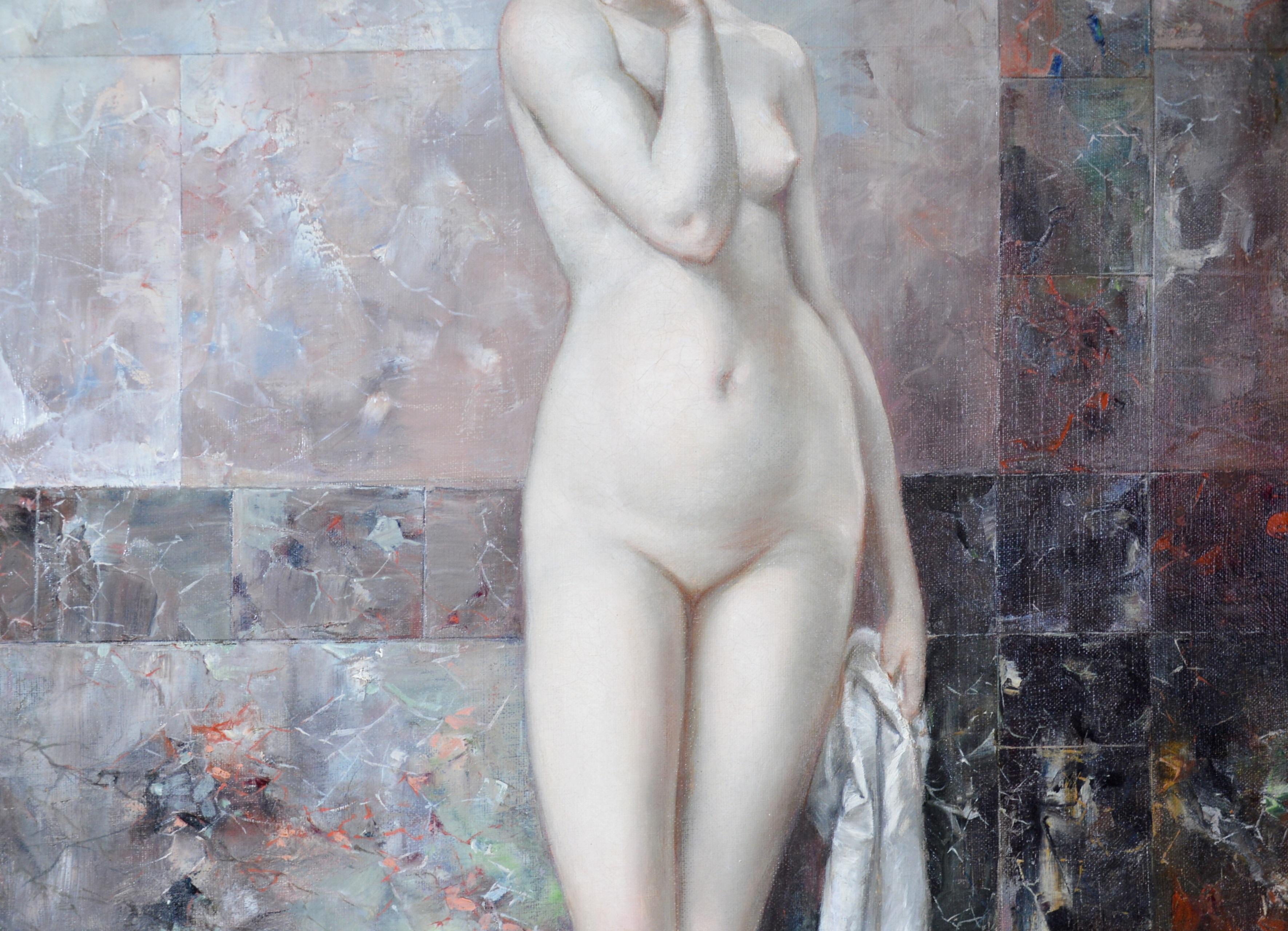 Apprehension - Large 19th Century Orientalist Oil Painting of Beautiful Nude  - Brown Figurative Painting by Geskel Saloman