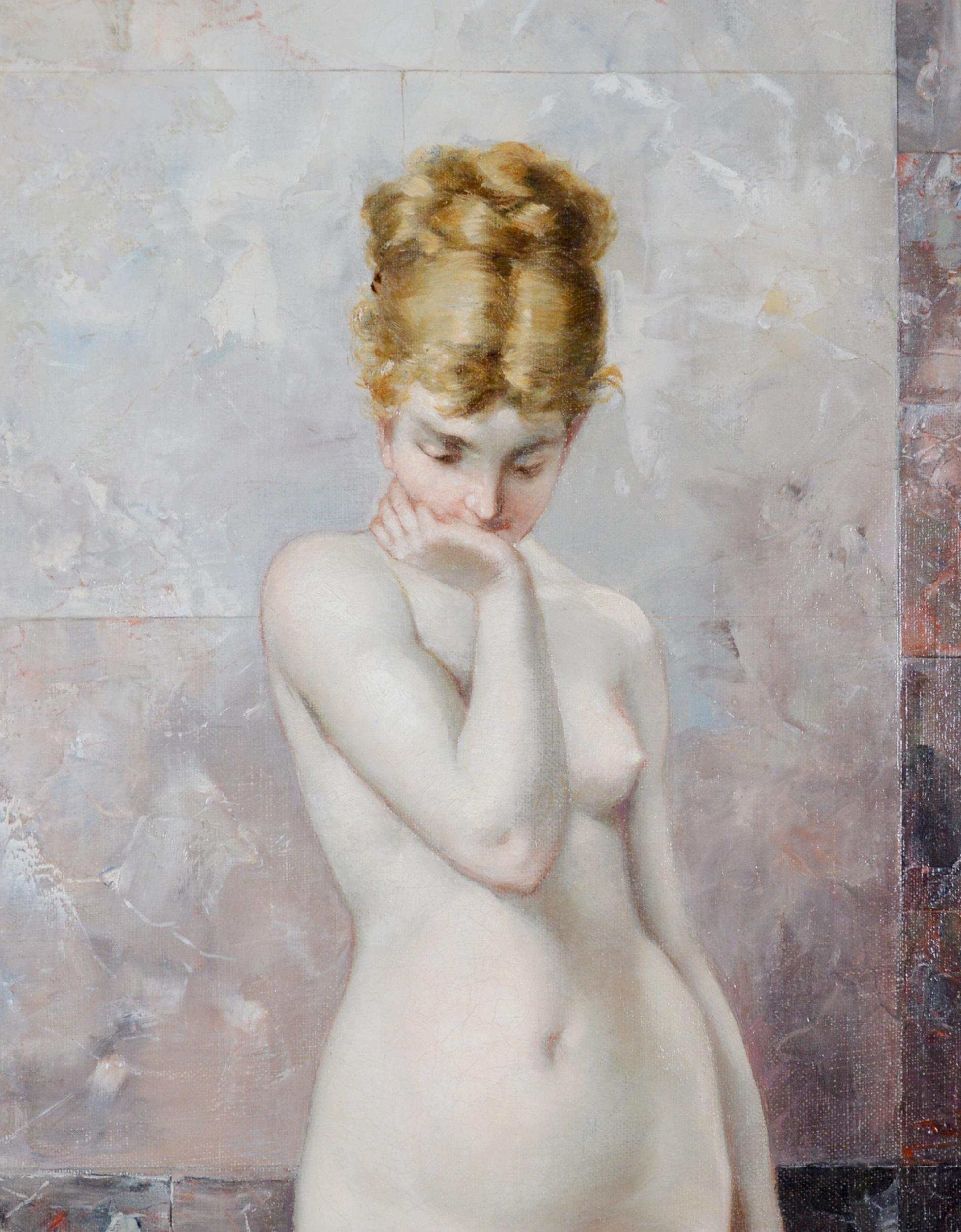 Apprehension - Large 19th Century Orientalist Oil Painting of Beautiful Nude  2