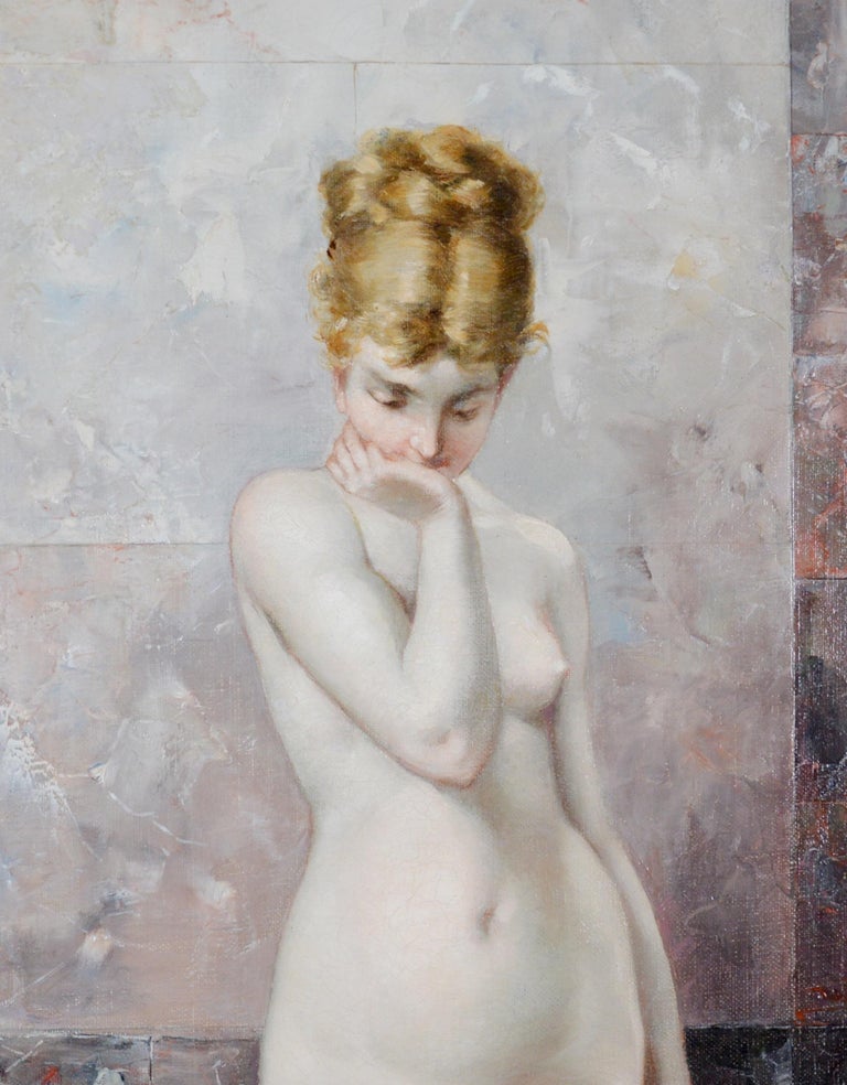 Apprehension - Large 19th Century Orientalist Oil Painting of Beautiful Nude  For Sale 4
