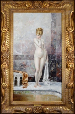 Aprensión - Gran óleo orientalista del siglo XIX de un bello desnudo