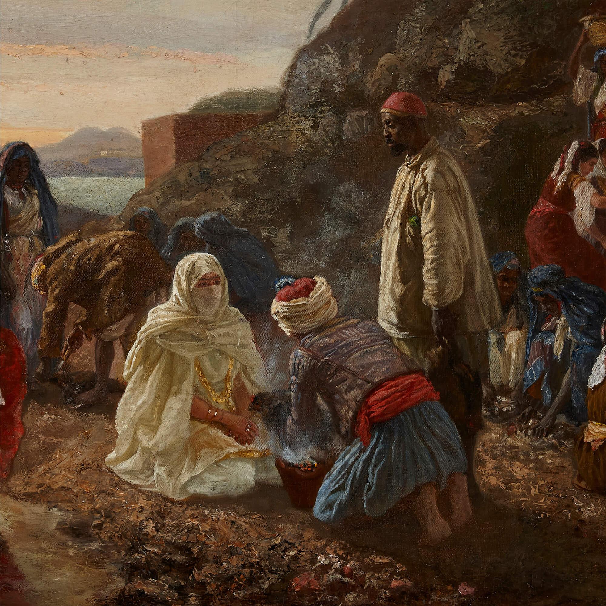 Large Orientalist Painting by G. Saloman Depicting Figures at the Shore For Sale 2